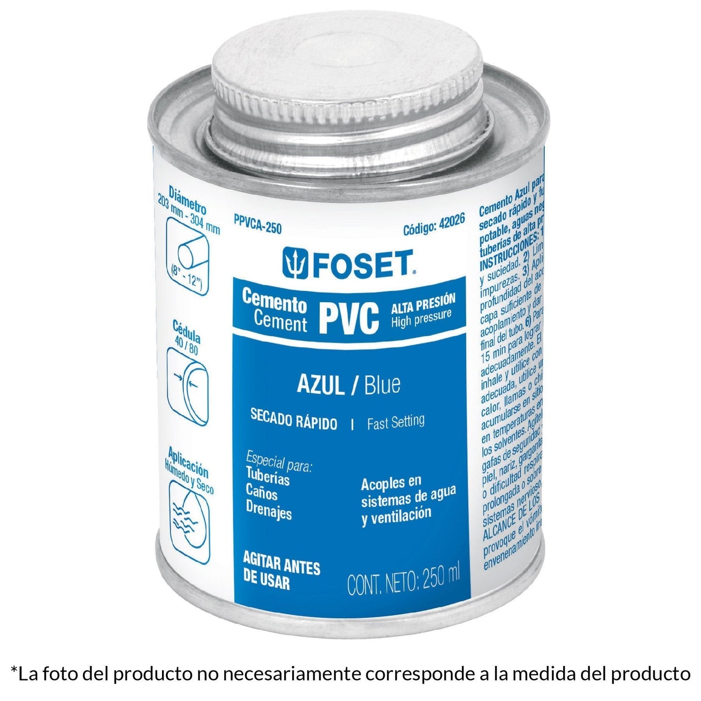 Cemento azul para PVC, hasta 12", bote 250 ml