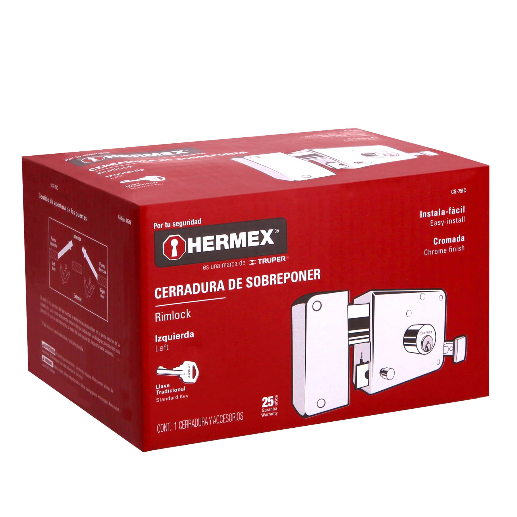 Cerradura sobreponer, clásica, instala-fácil, izq., cromo