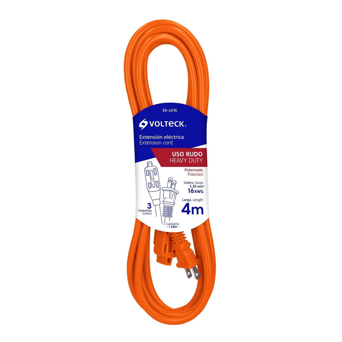 Extensión eléctrica uso rudo, 4 m, calibre 16, Volteck