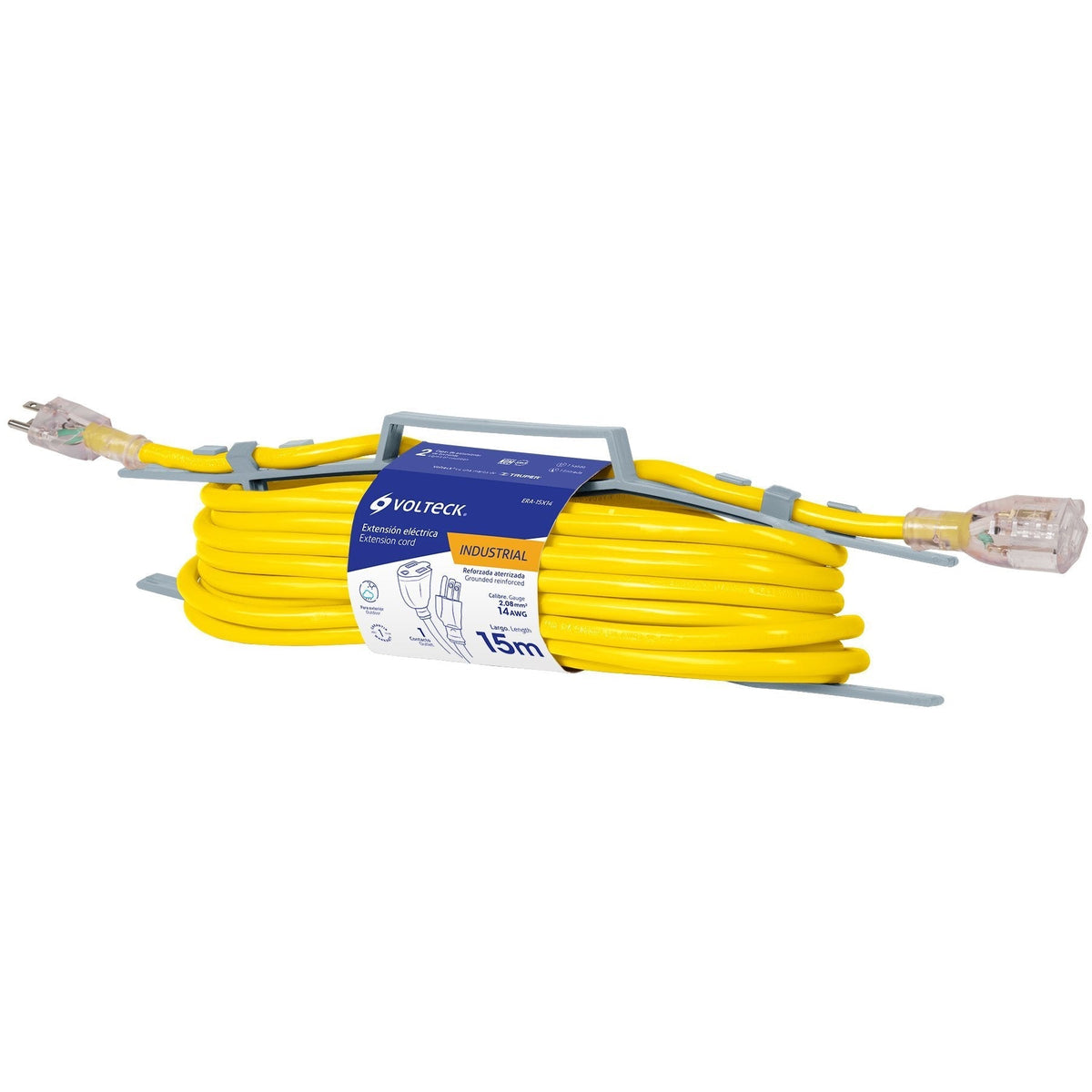 Extensión reforzada, aterrizada, 15 m, calibre 14, Volteck