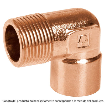 Codo 90° de cobre, rosca exterior 3/4"