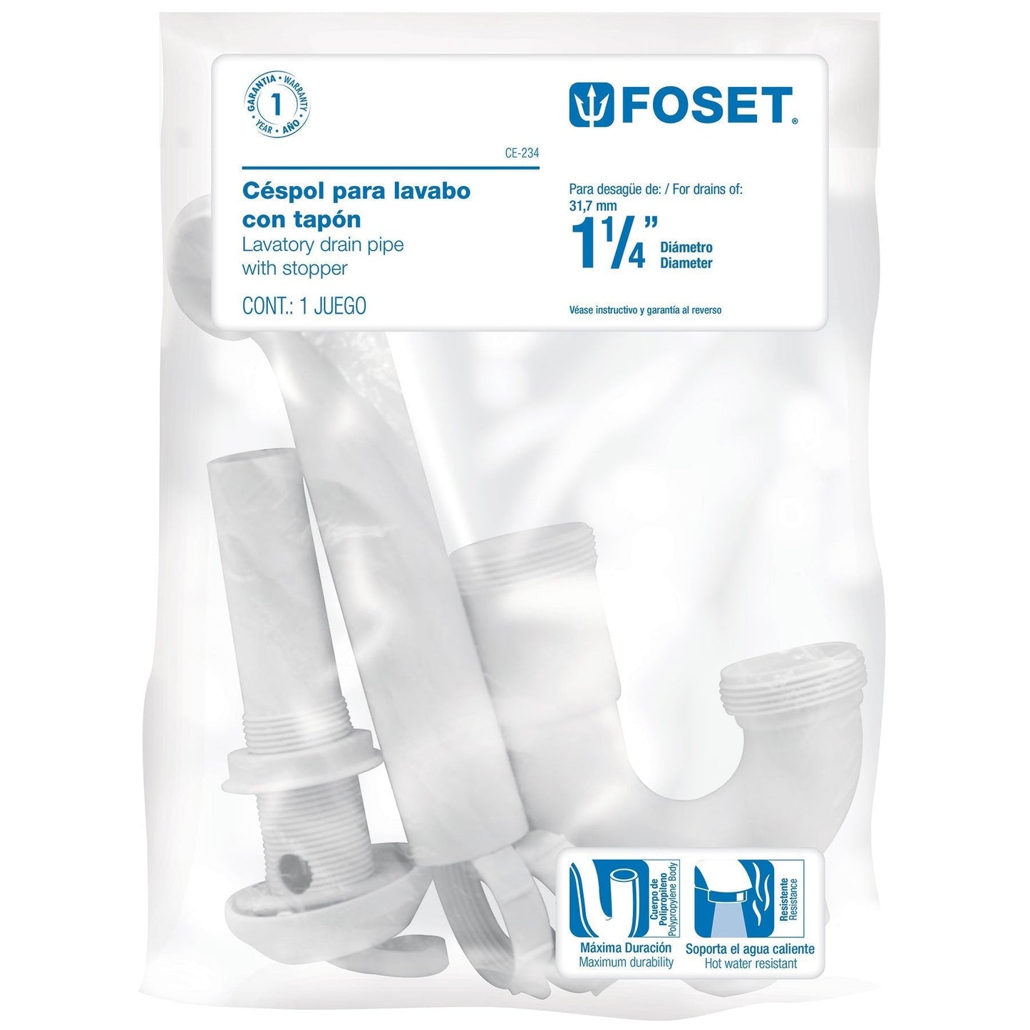 Céspol rígido para lavabo con contra, polipropileno, 1-1/4"