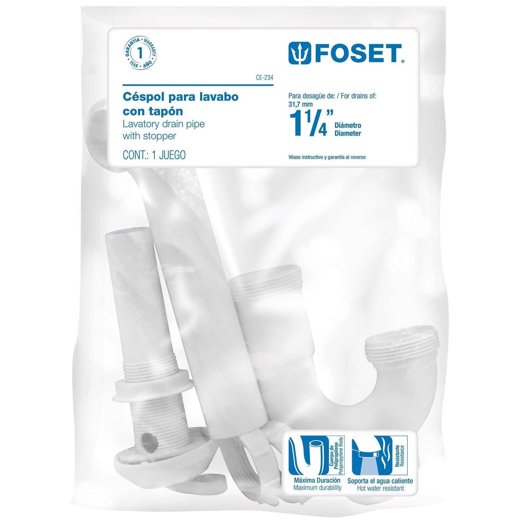 Céspol rígido para lavabo con contra, polipropileno, 1-1/4"