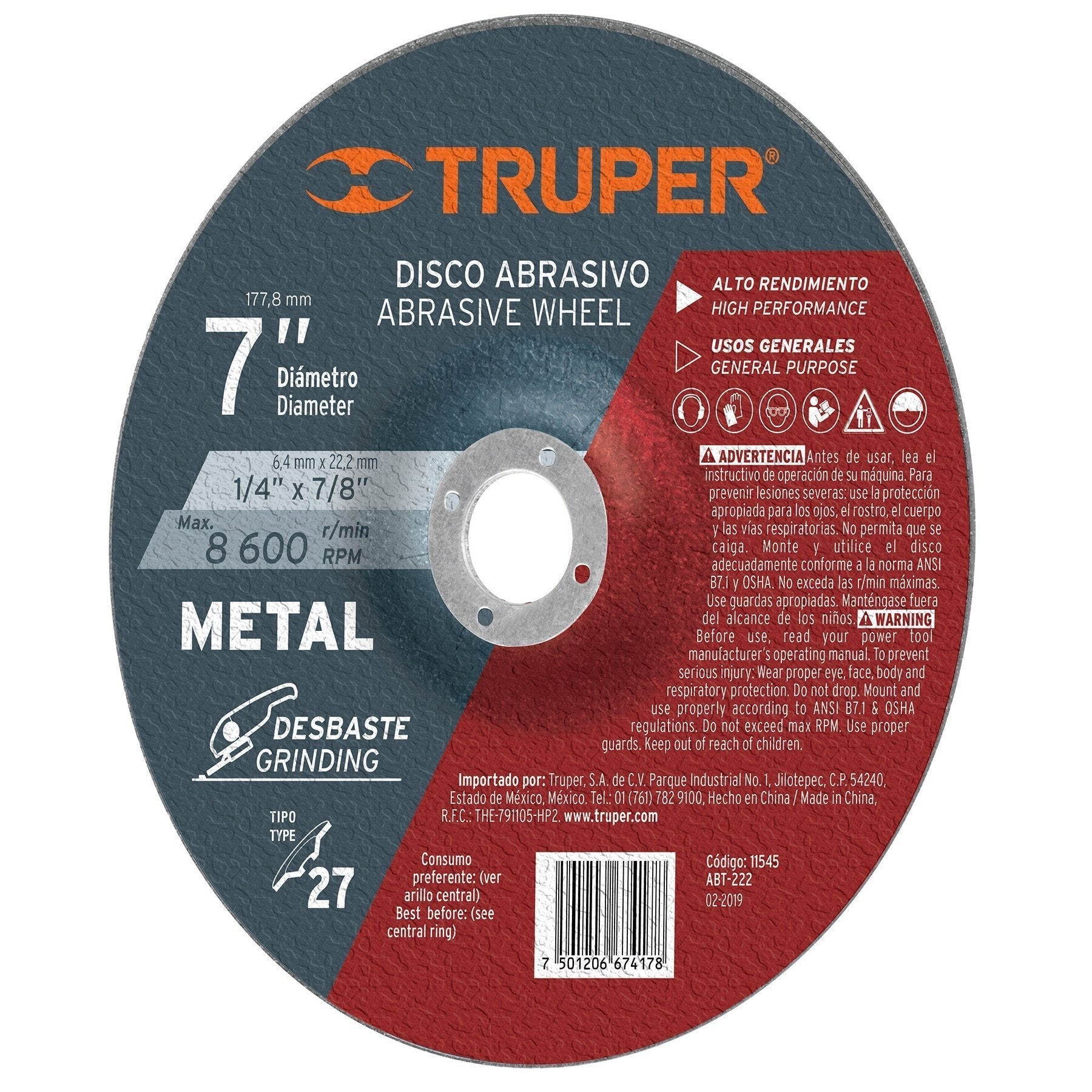 Disco desbaste metal, tipo27,diámetro 7",alto rendimiento
