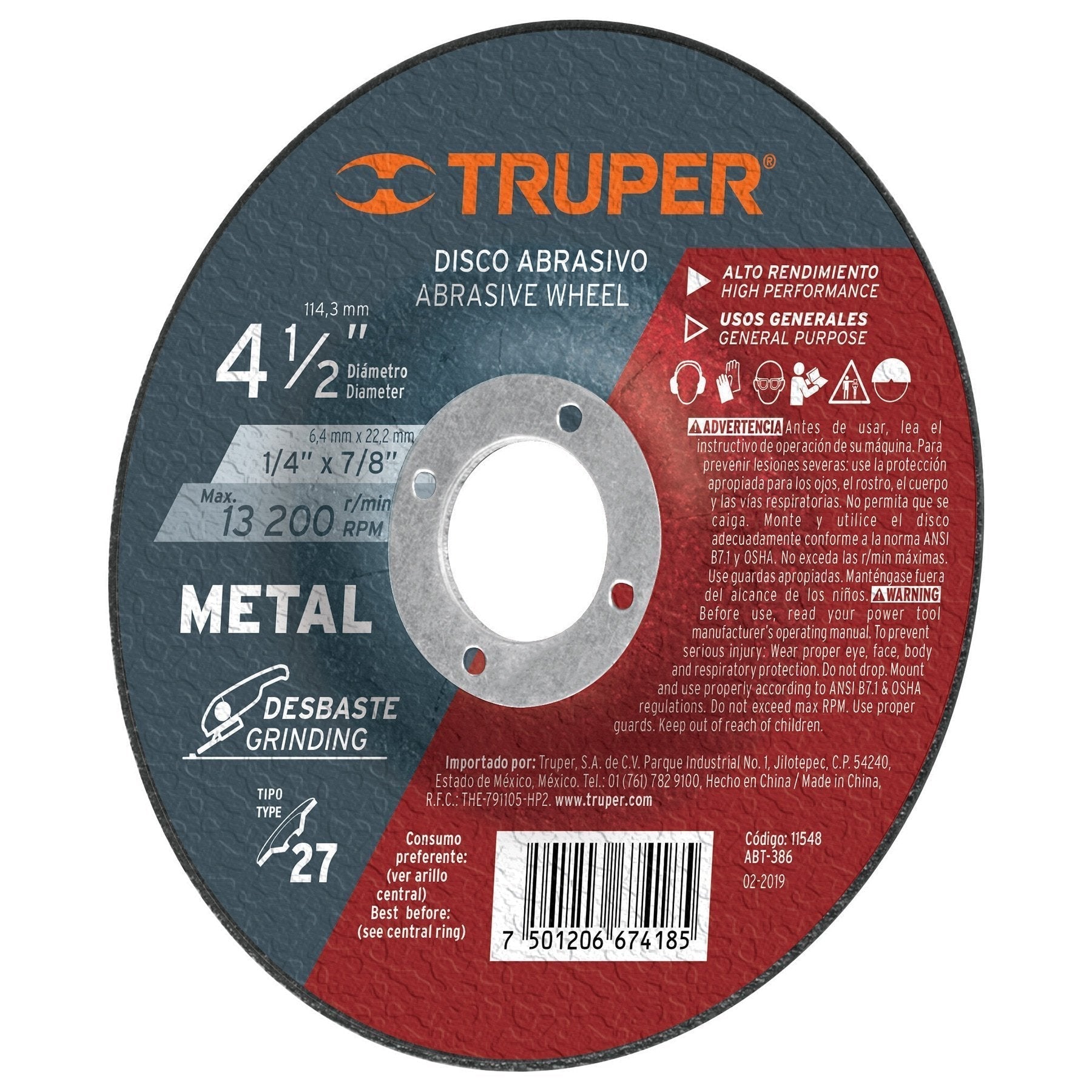 Disco desbaste metal,tipo27,diámetro 4-1/2",alto rendimiento