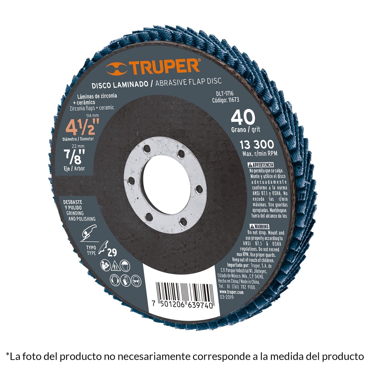Disco laminado, 4-1/2", grano 80, centro 7/8"
