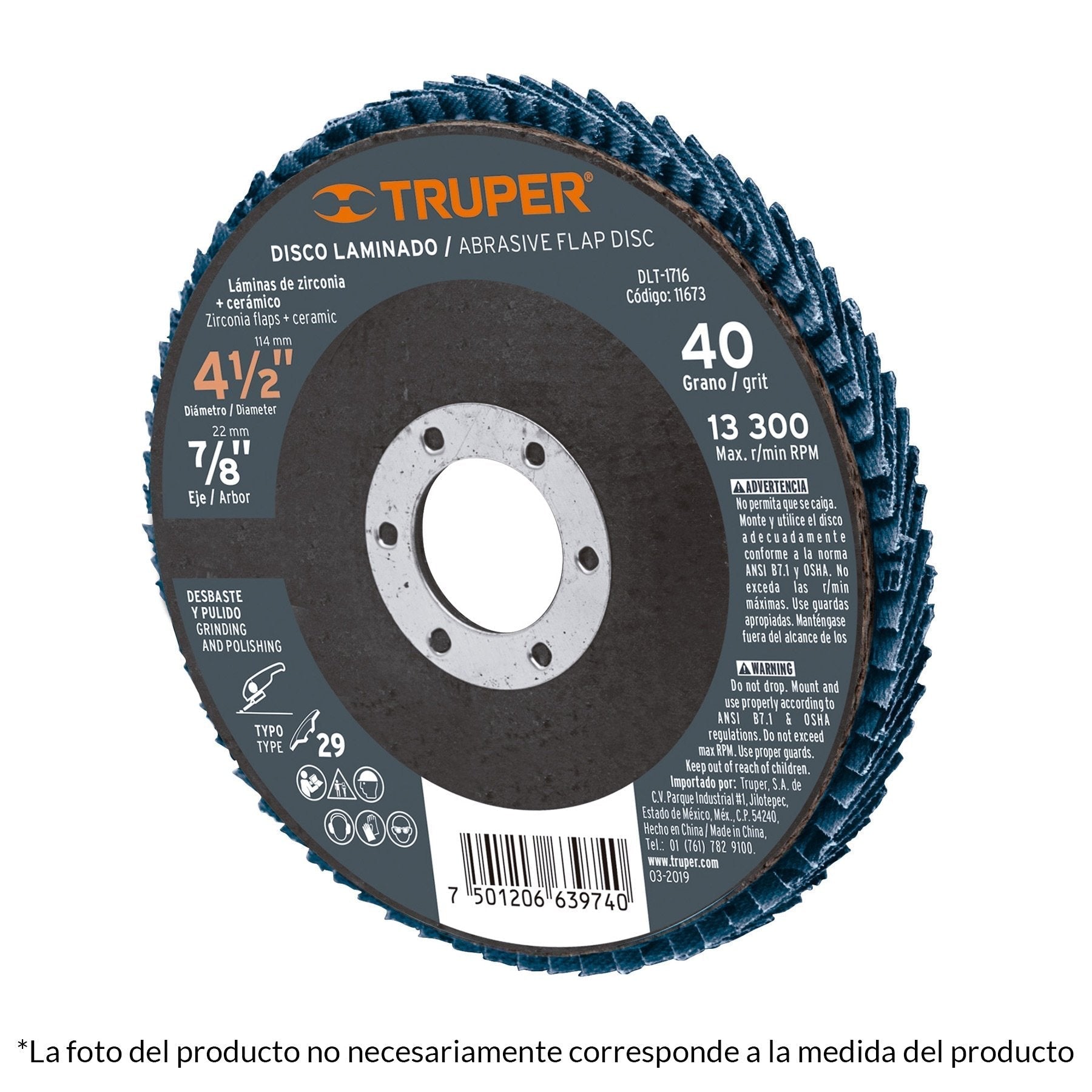 Disco laminado, 4-1/2", grano 60, centro 7/8"