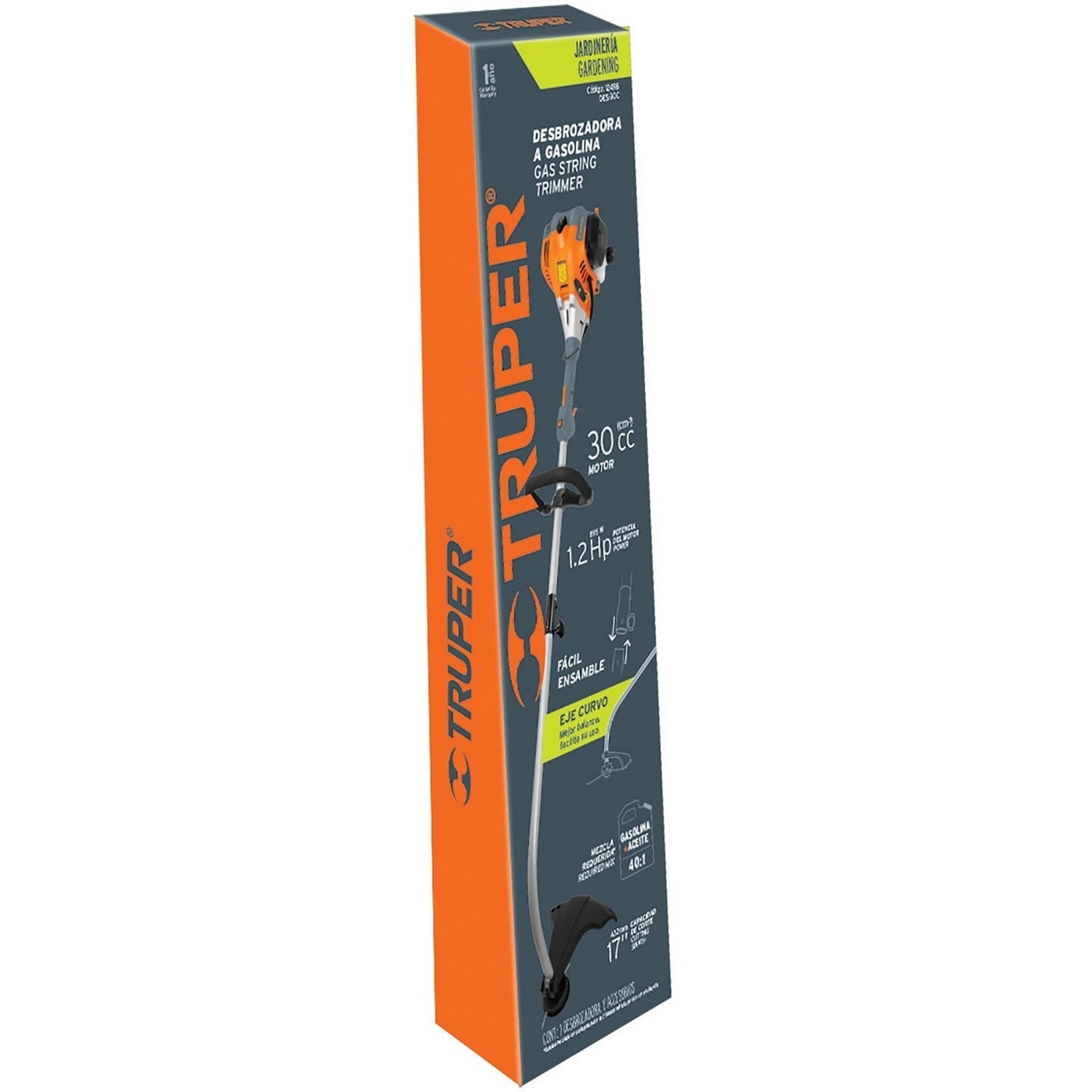 Desbrozadora a gasolina, 30cc, 17" de corte, curva