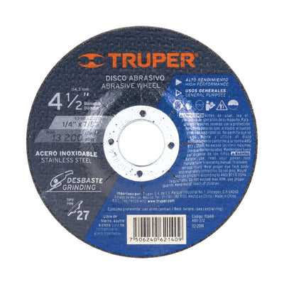 Disco para desbaste de acero inoxidable, tipo 27, 4-1/2"