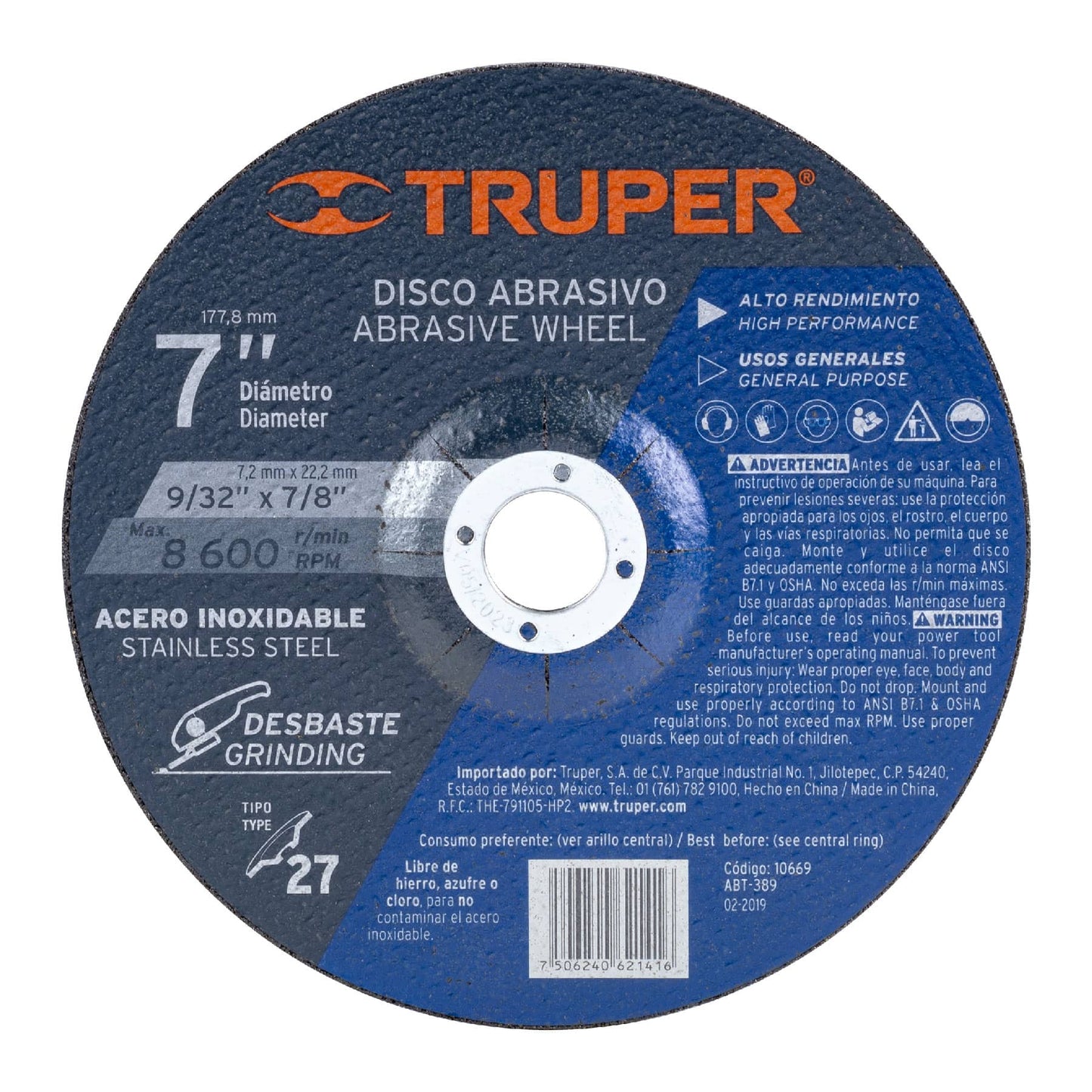 Disco para desbaste de acero inoxidable, tipo 27, 7"