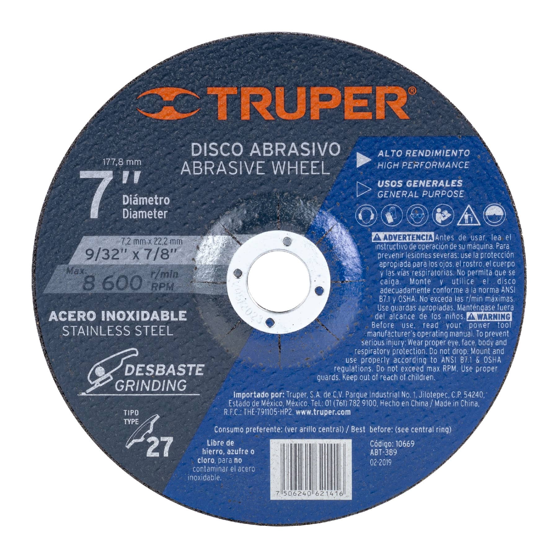 Disco para desbaste de acero inoxidable, tipo 27, 7"