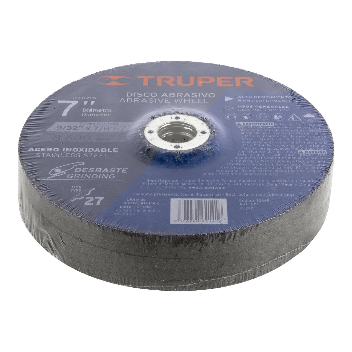 Disco para desbaste de acero inoxidable, tipo 27, 7"