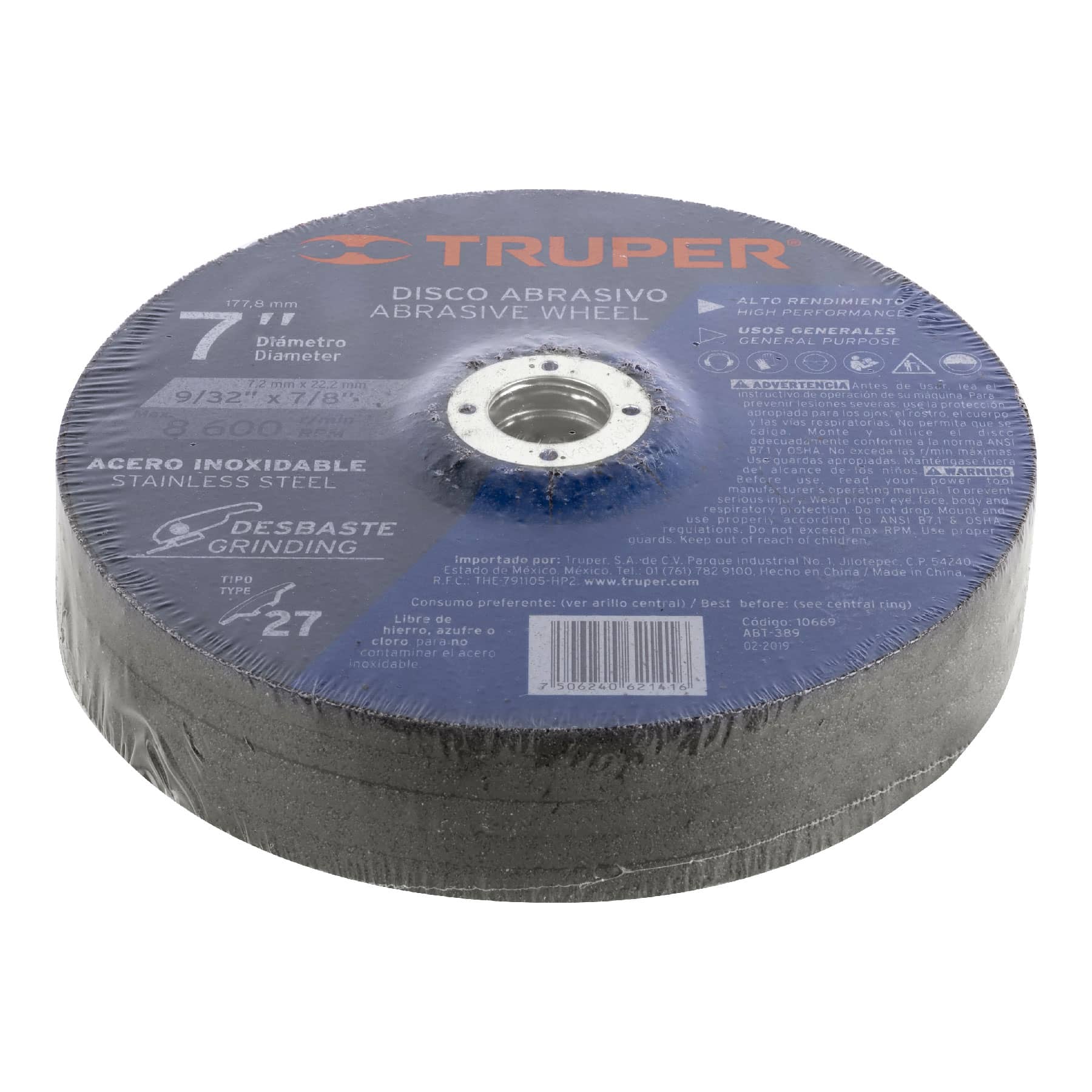 Disco para desbaste de acero inoxidable, tipo 27, 7"