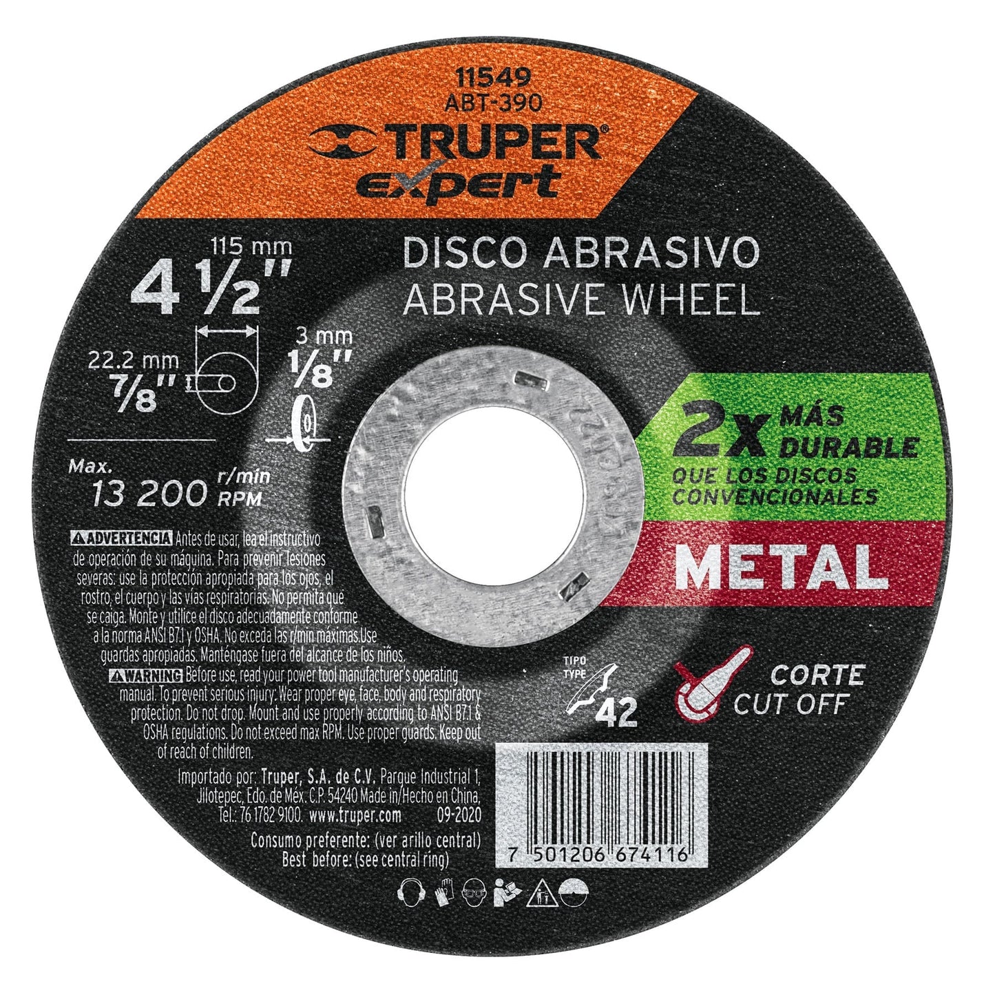Disco corte metal, tipo42, diámetro 4-1/2", alto rendimiento