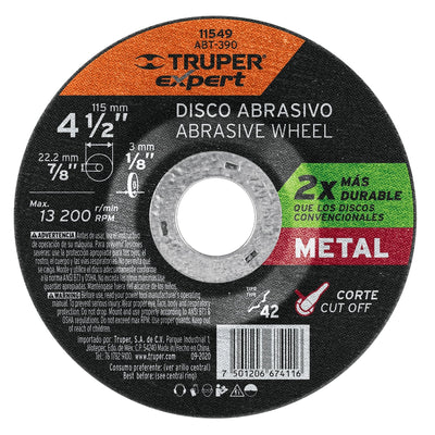 Disco corte metal, tipo42, diámetro 4-1/2", alto rendimiento