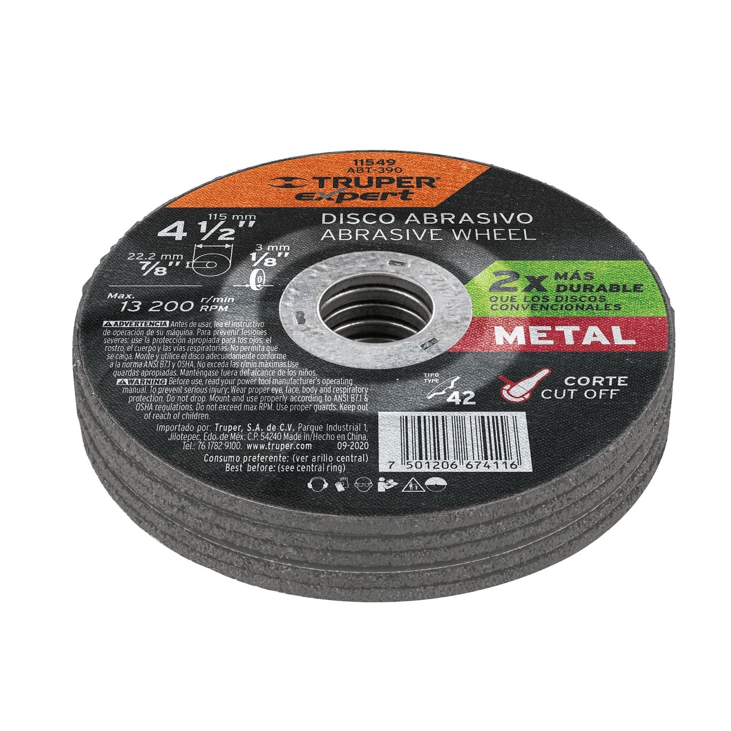 Disco corte metal, tipo42, diámetro 4-1/2", alto rendimiento