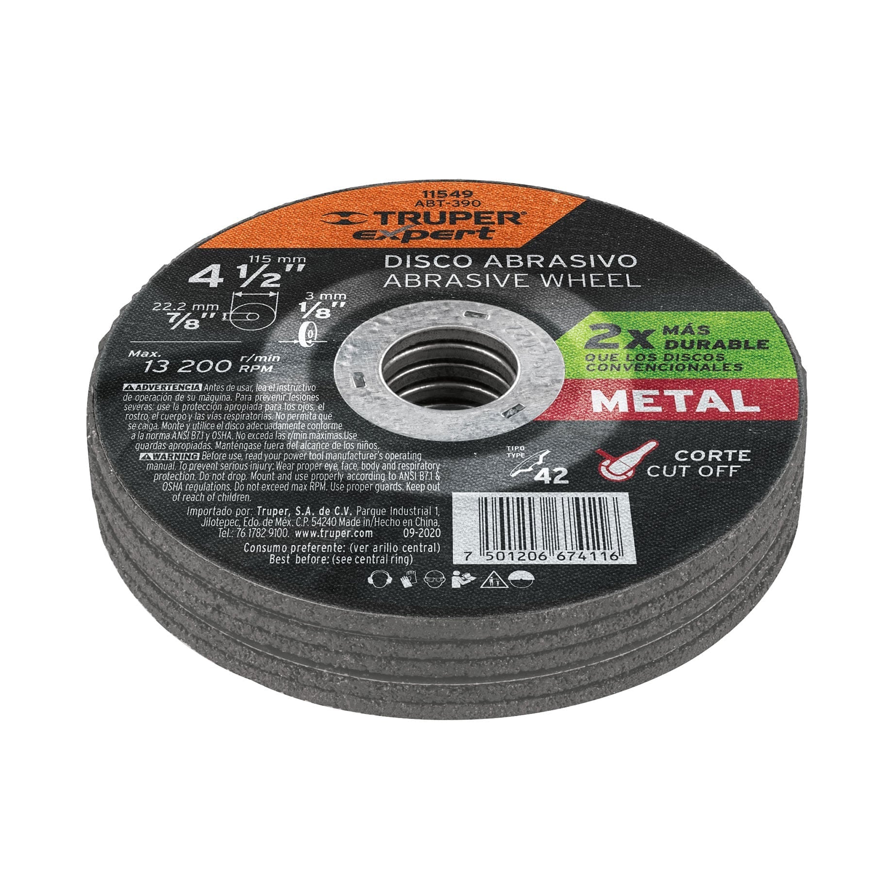 Disco corte metal, tipo42, diámetro 4-1/2", alto rendimiento