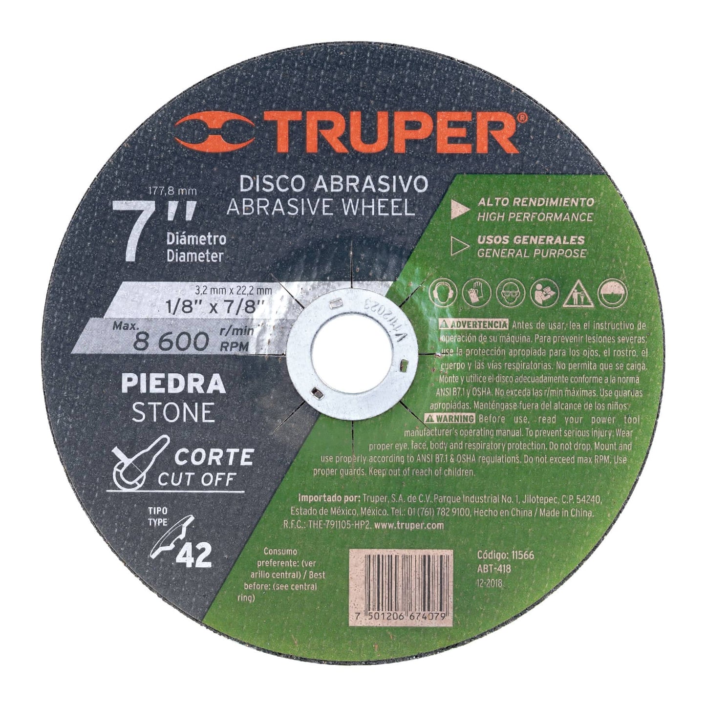 Disco para corte de piedra, tipo 42, diámetro 7"