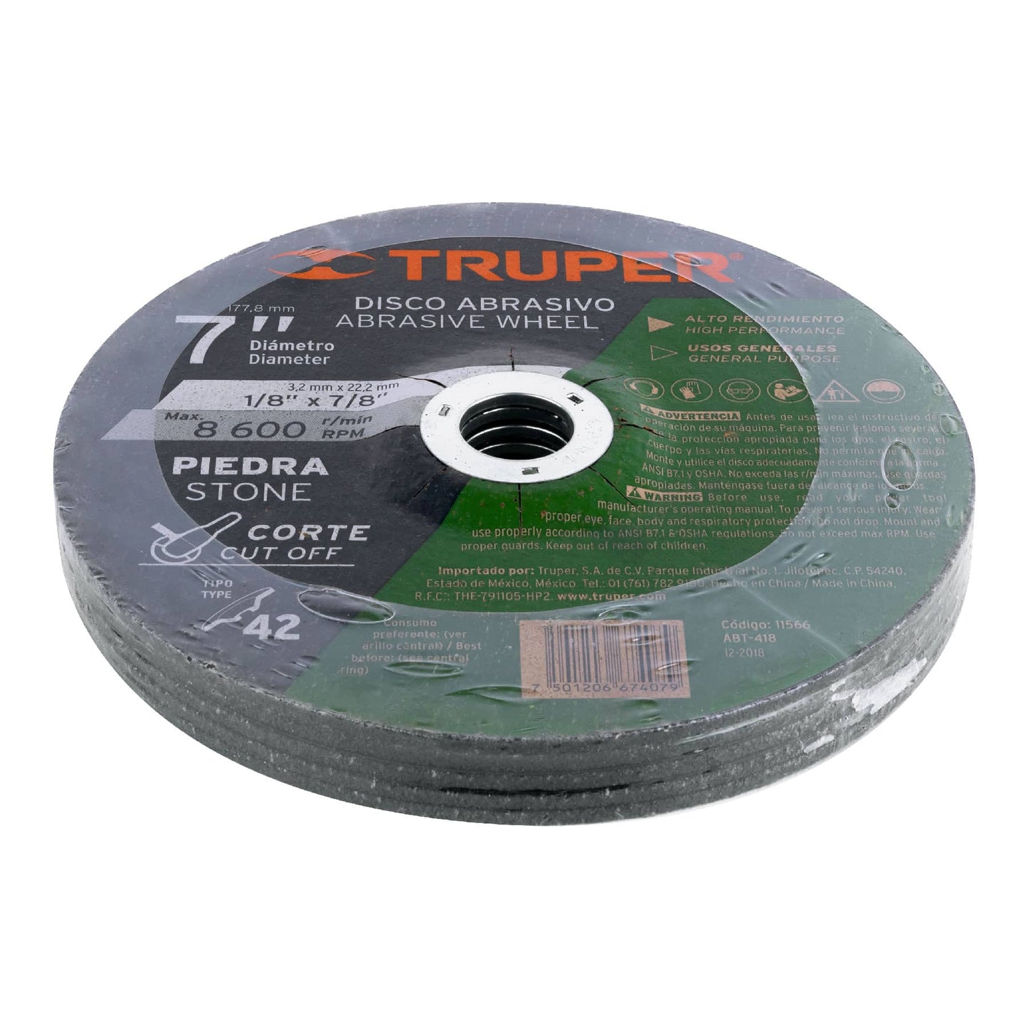 Disco para corte de piedra, tipo 42, diámetro 7"