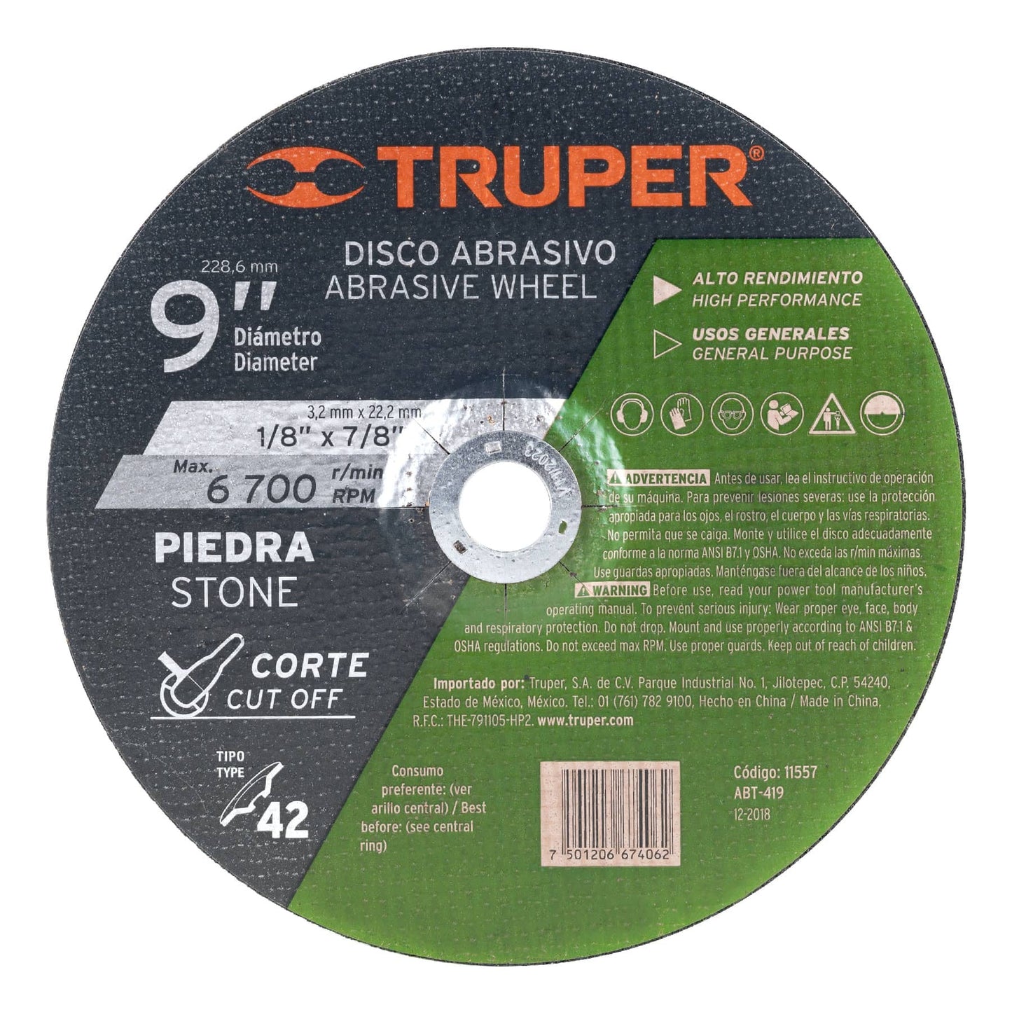 Disco para corte de piedra, tipo 42, diámetro 9"