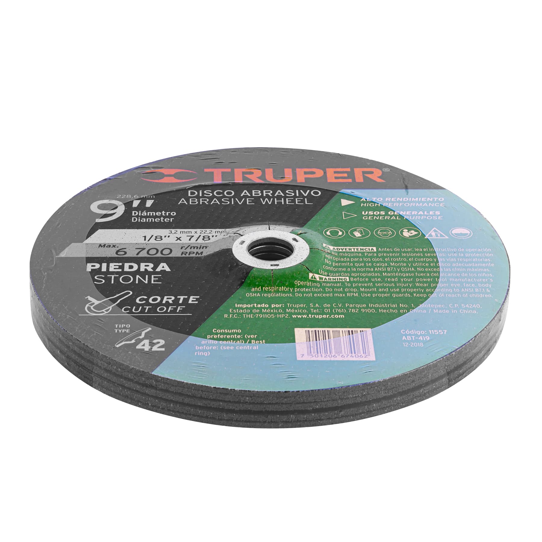 Disco para corte de piedra, tipo 42, diámetro 9"