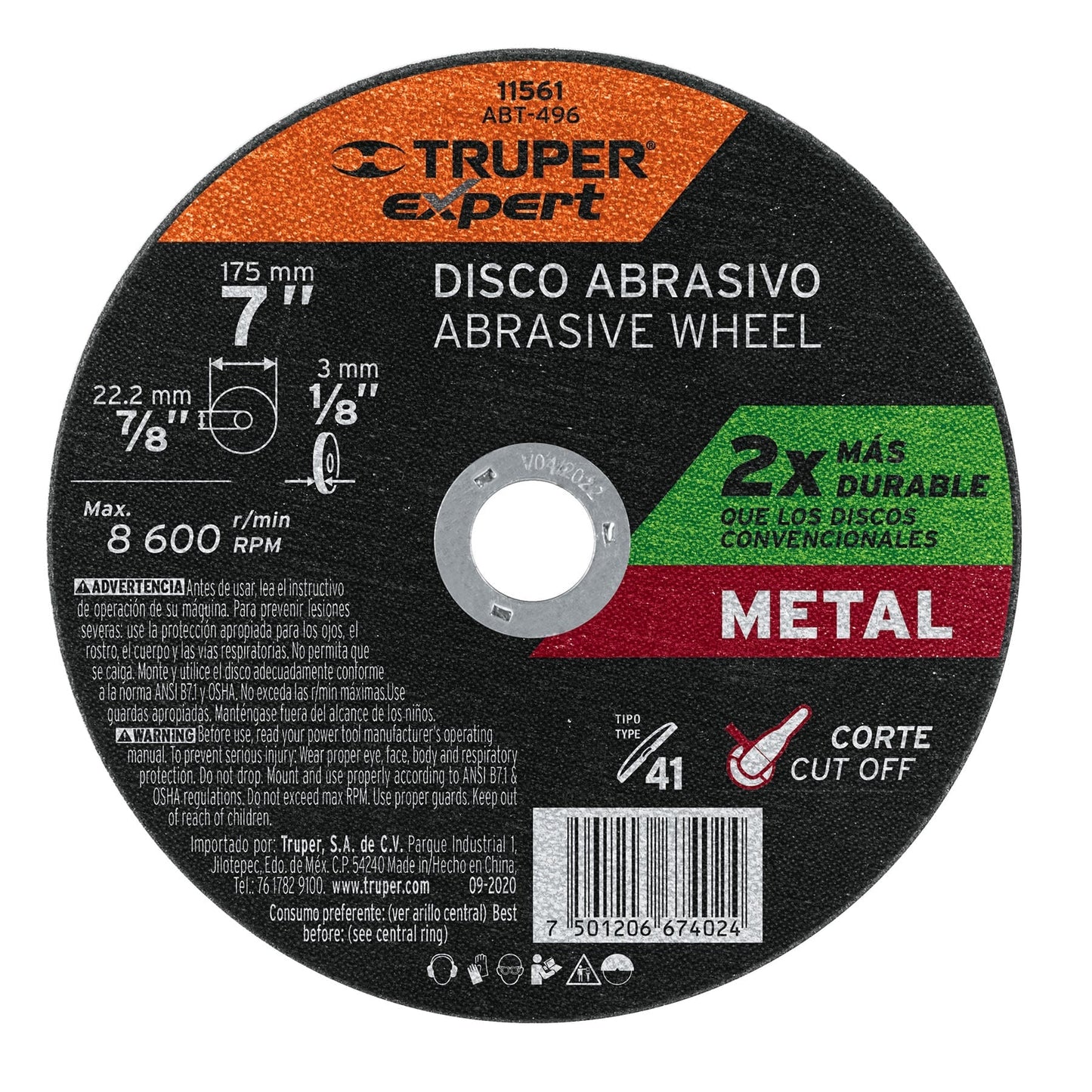 Disco para corte de metal, tipo 41, diámetro 7"