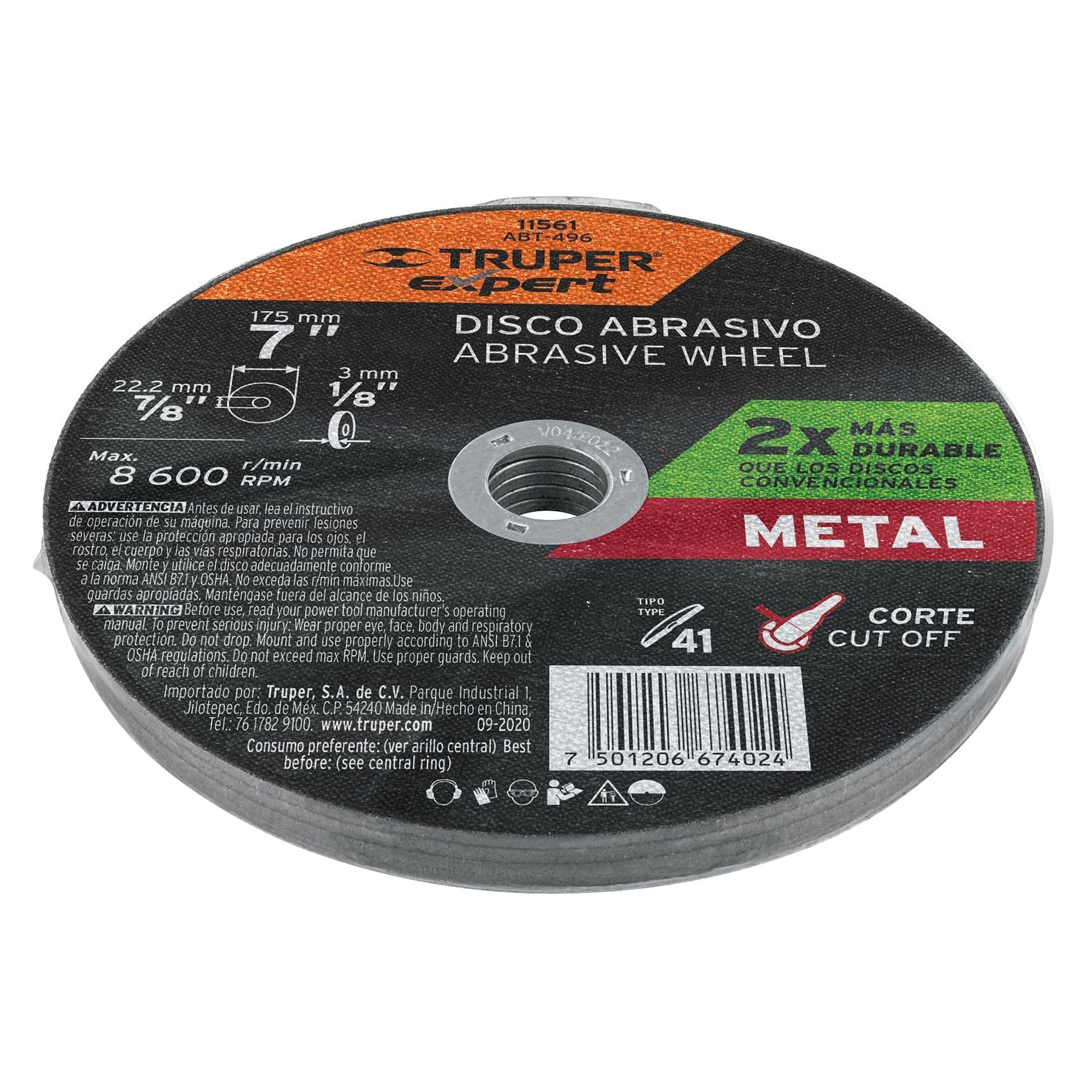 Disco para corte de metal, tipo 41, diámetro 7"