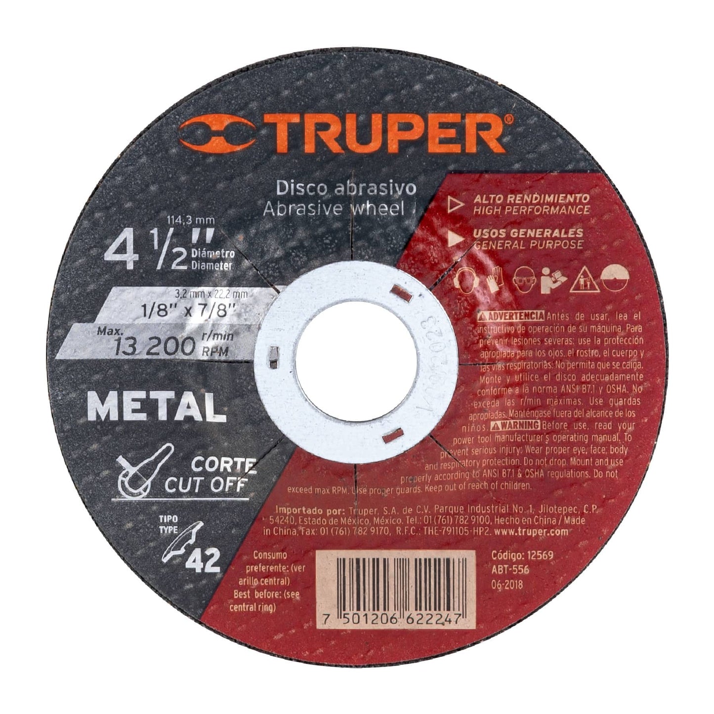 Disco para corte de metal, tipo 42, diámetro 4-1/2"