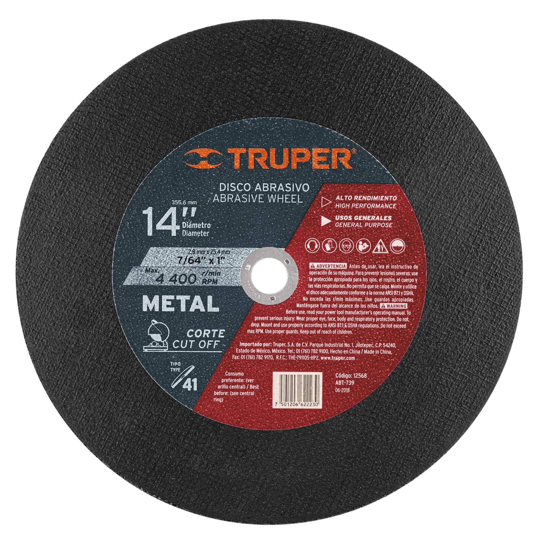 Disco para corte de metal, tipo 41, diámetro 14"..