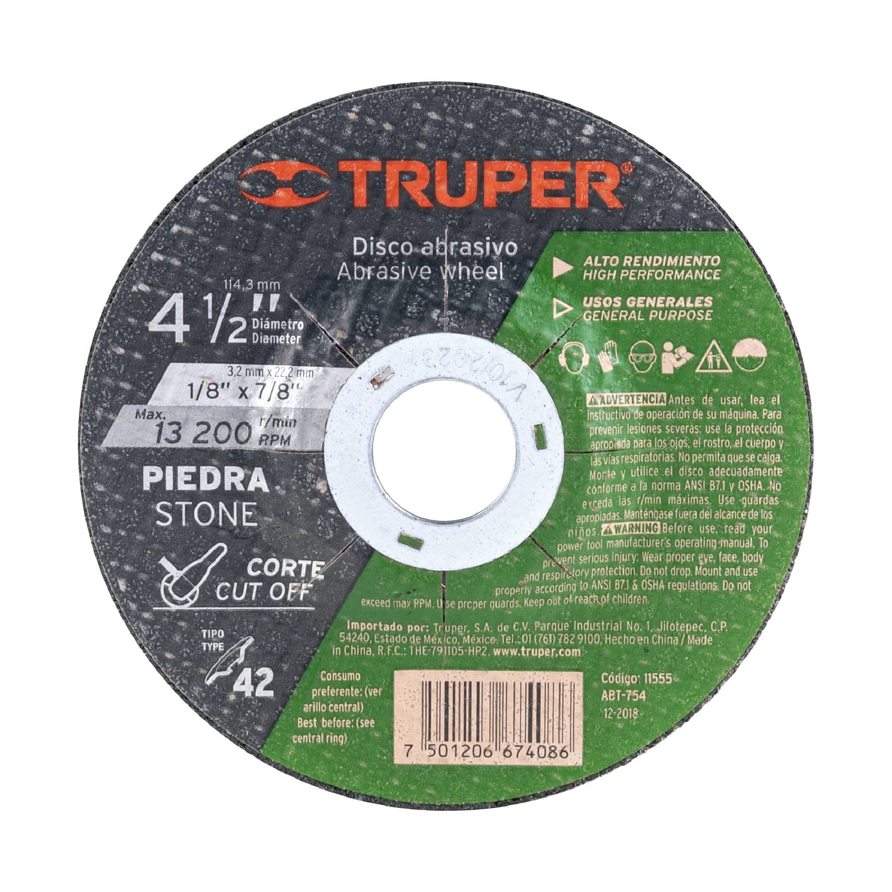 Disco para corte de piedra, tipo 42, diámetro 4-1/2"
