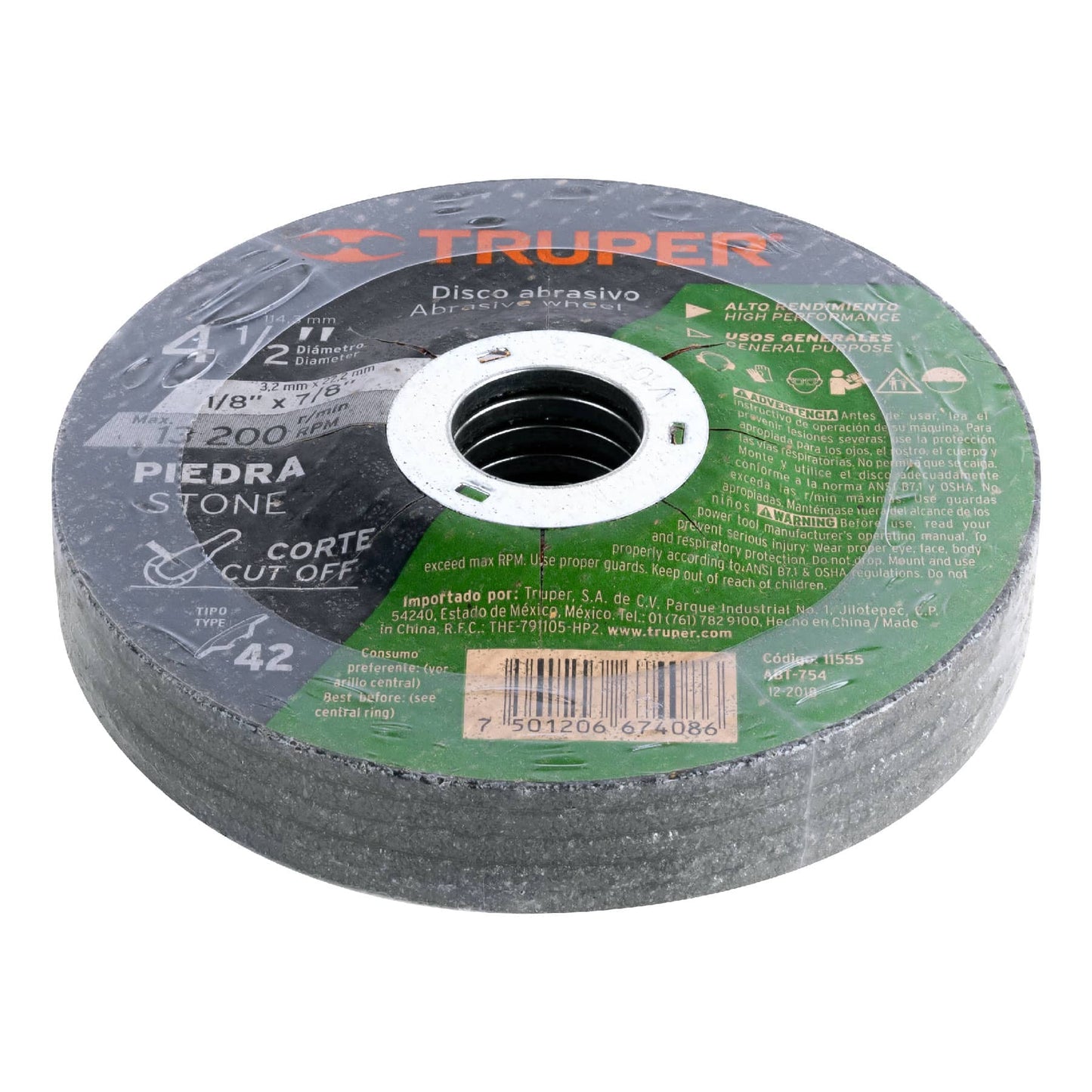 Disco para corte de piedra, tipo 42, diámetro 4-1/2"