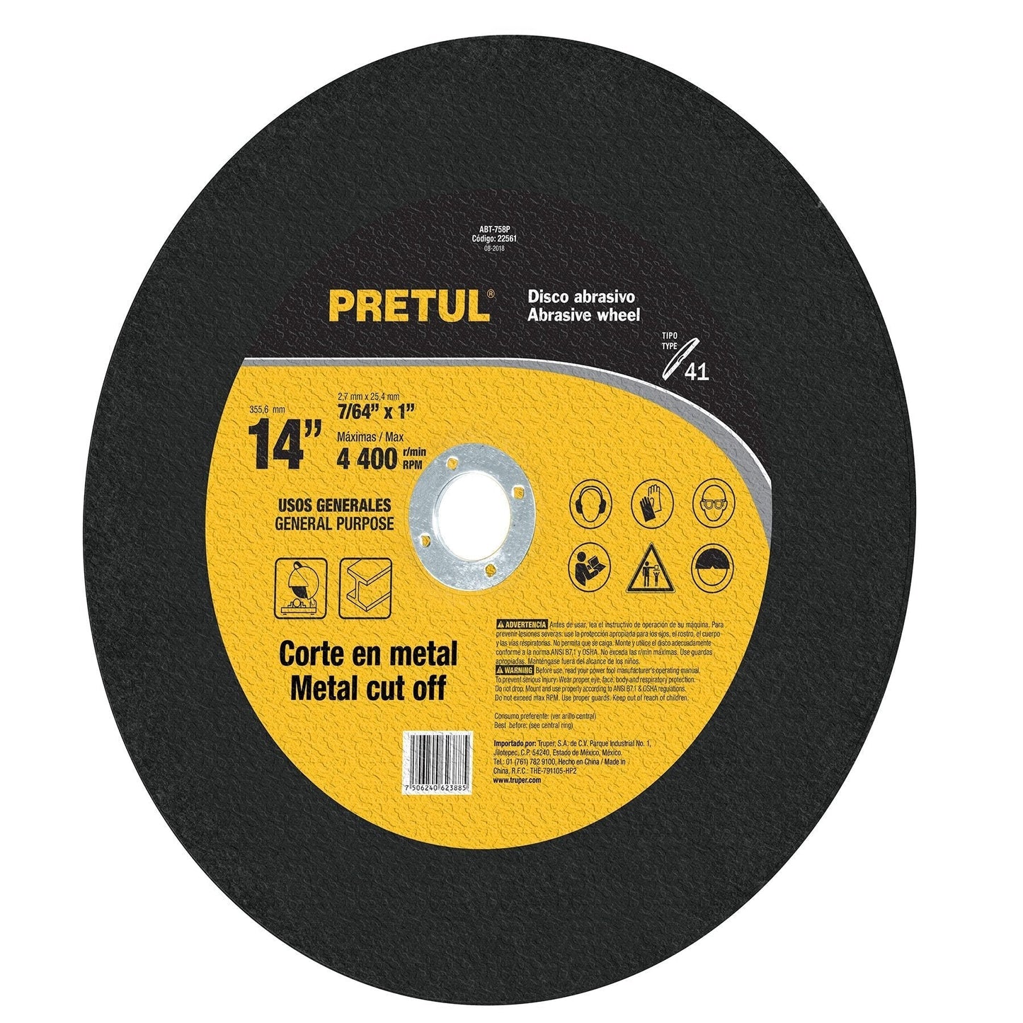 Disco corte metal, Tipo 41, 14" , usos generales, Pretul
