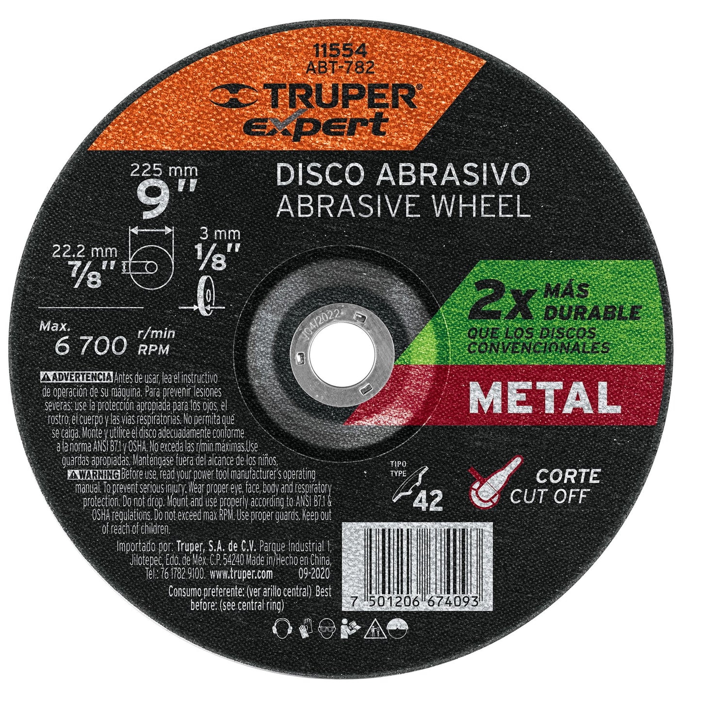 Disco p/corte metale, tipo42, diámetro 9", alto rendimiento