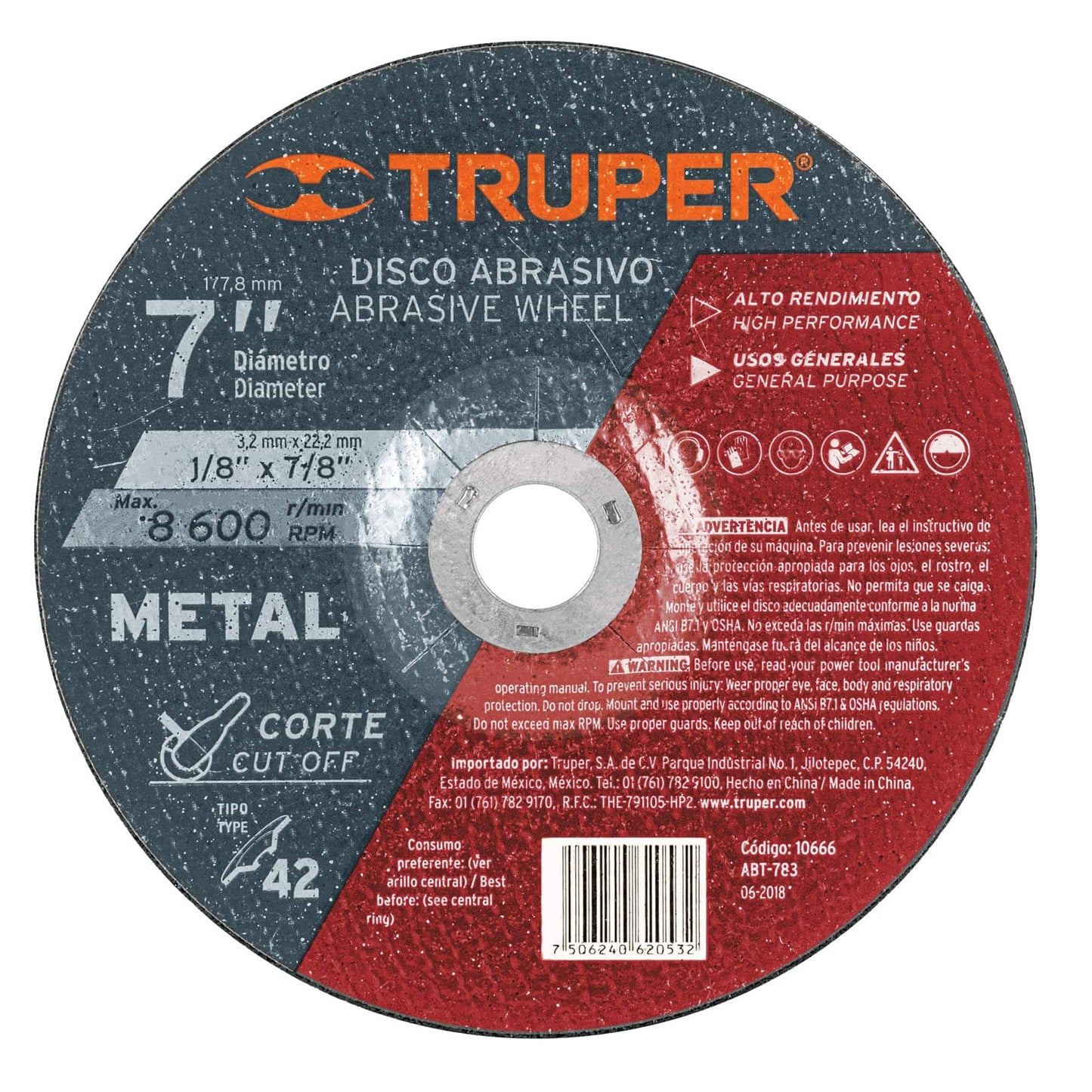 Disco para corte de metal, tipo 42, diámetro 7"