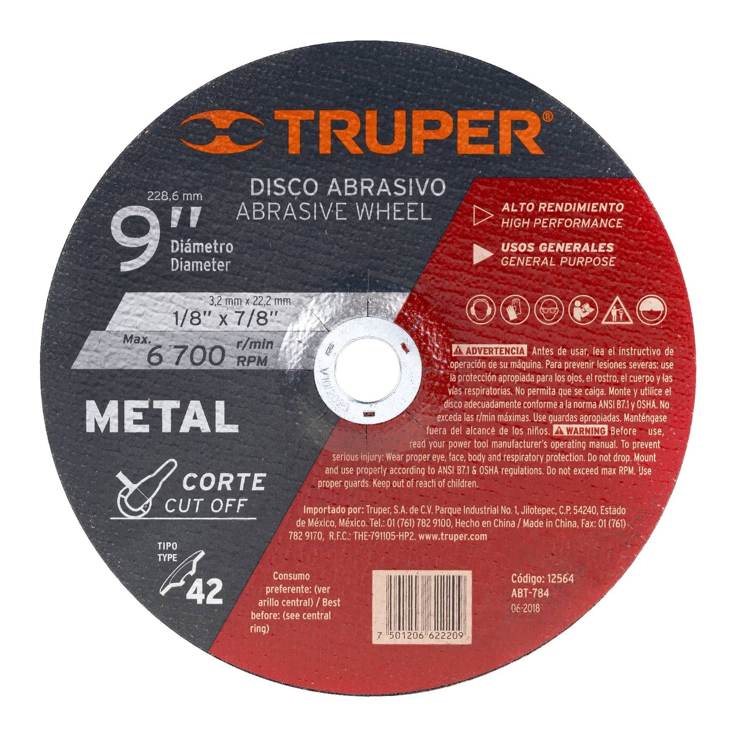 Disco para corte de metal, tipo 42, diámetro 9"