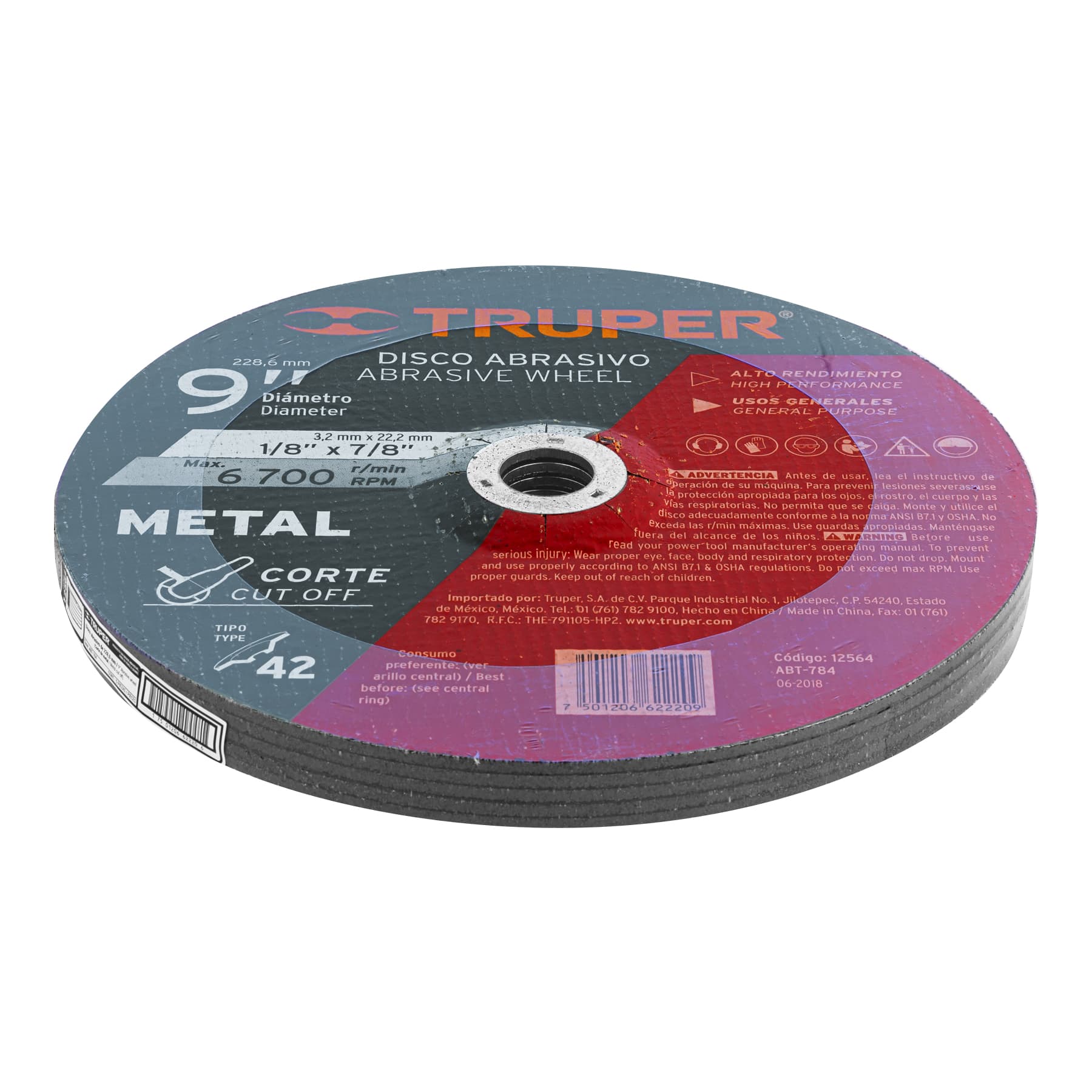 Disco para corte de metal, tipo 42, diámetro 9"
