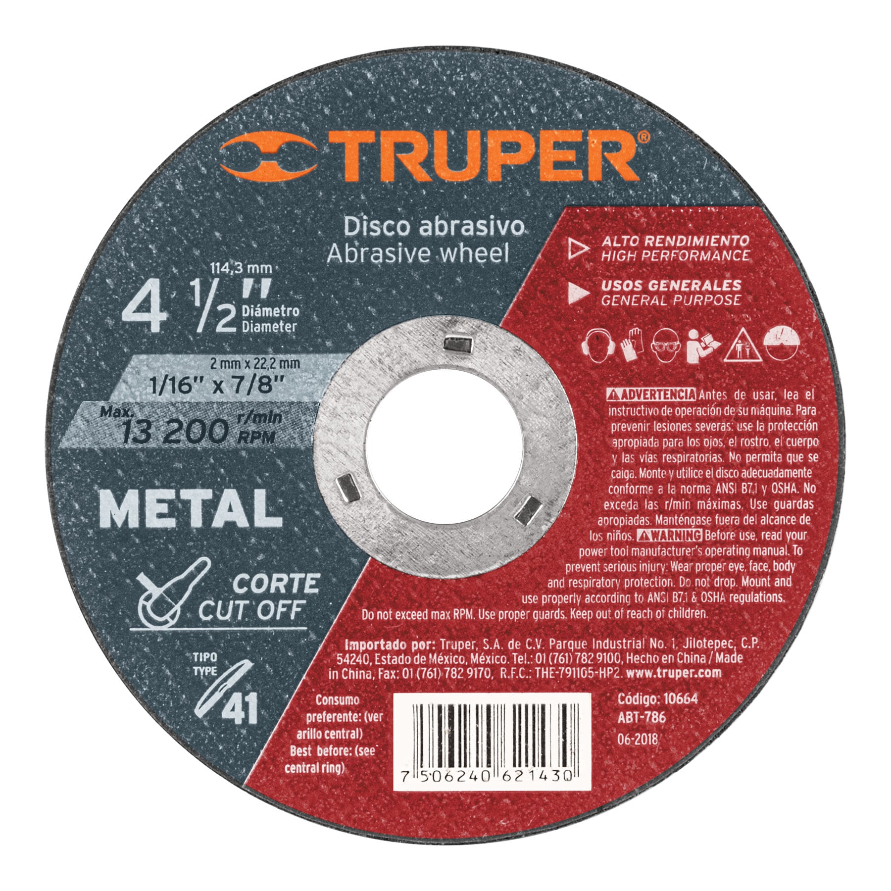 Disco para corte de metal, tipo 41, diámetro 4-1/2"