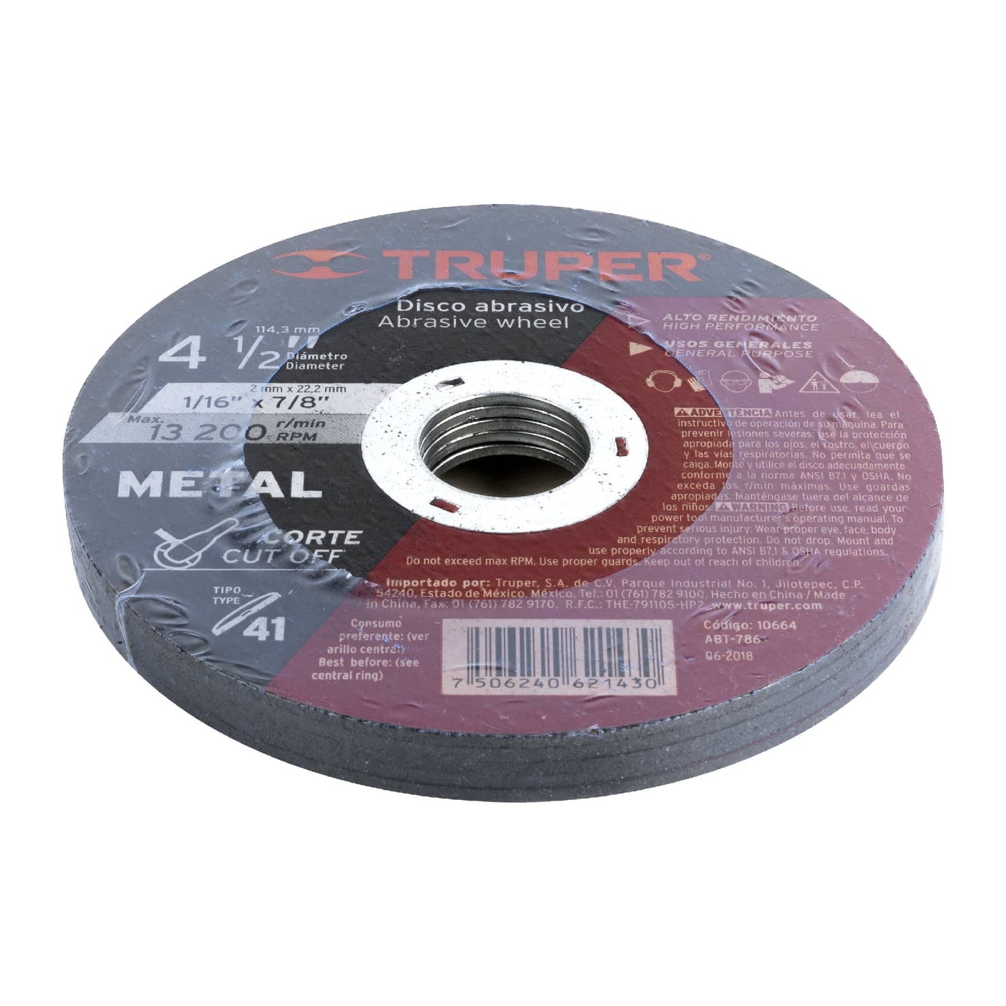 Disco para corte de metal, tipo 41, diámetro 4-1/2"