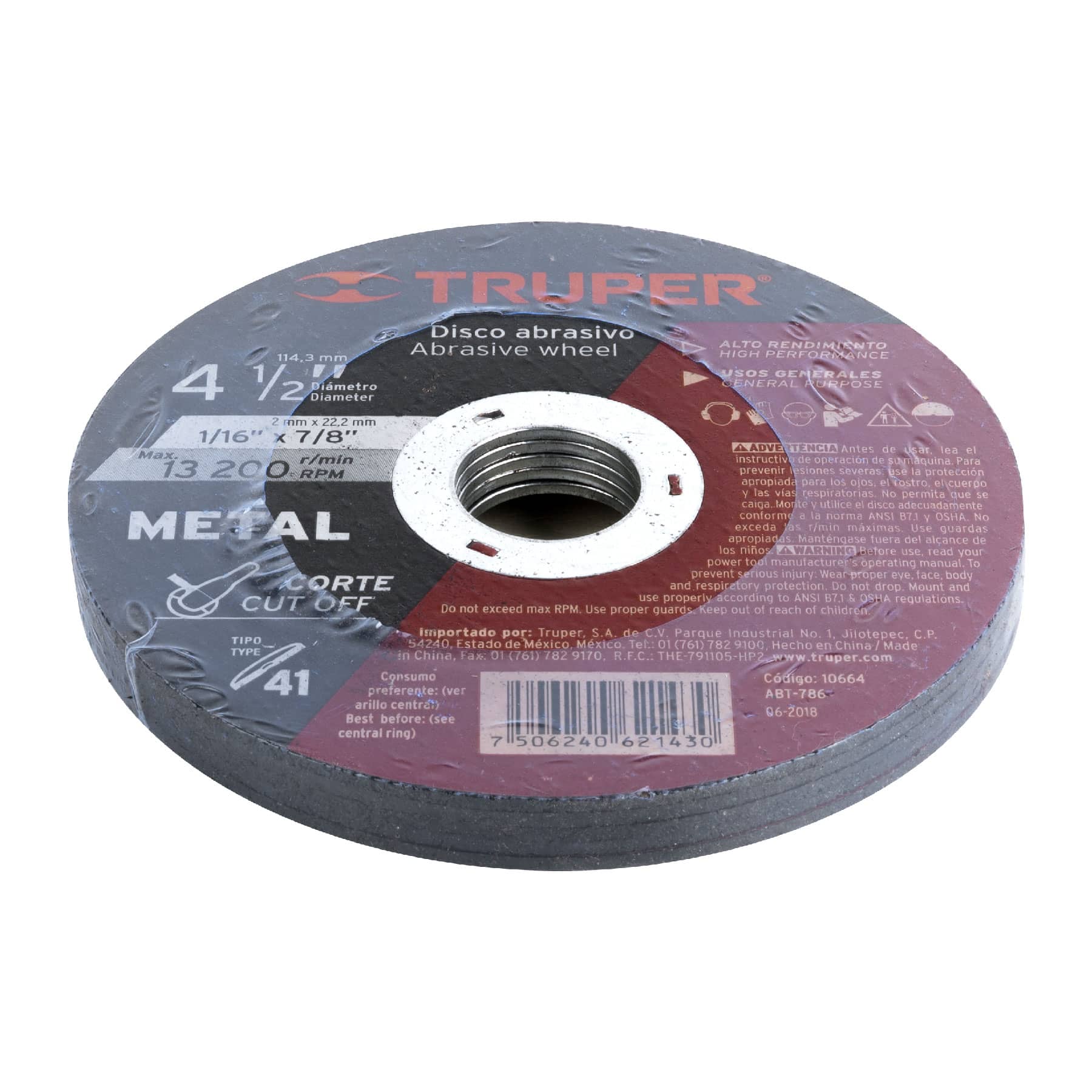 Disco para corte de metal, tipo 41, diámetro 4-1/2"
