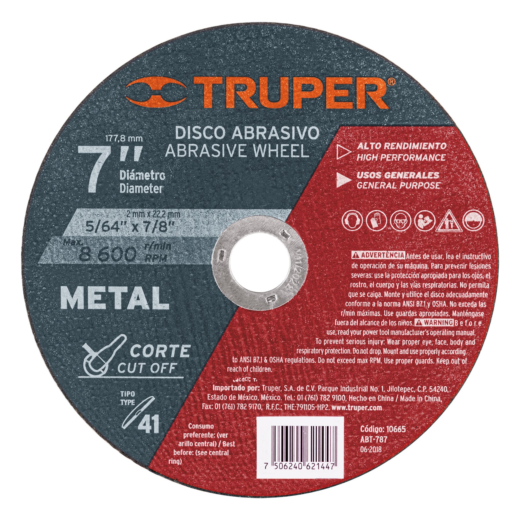 Disco para corte de metal, tipo 41, diámetro 7"..