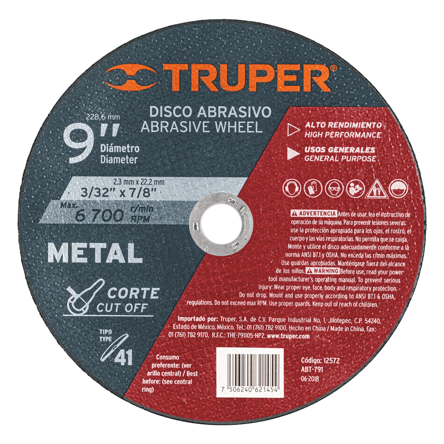 Disco p/corte de metal, tipo 41, diámetro 9", usos generales