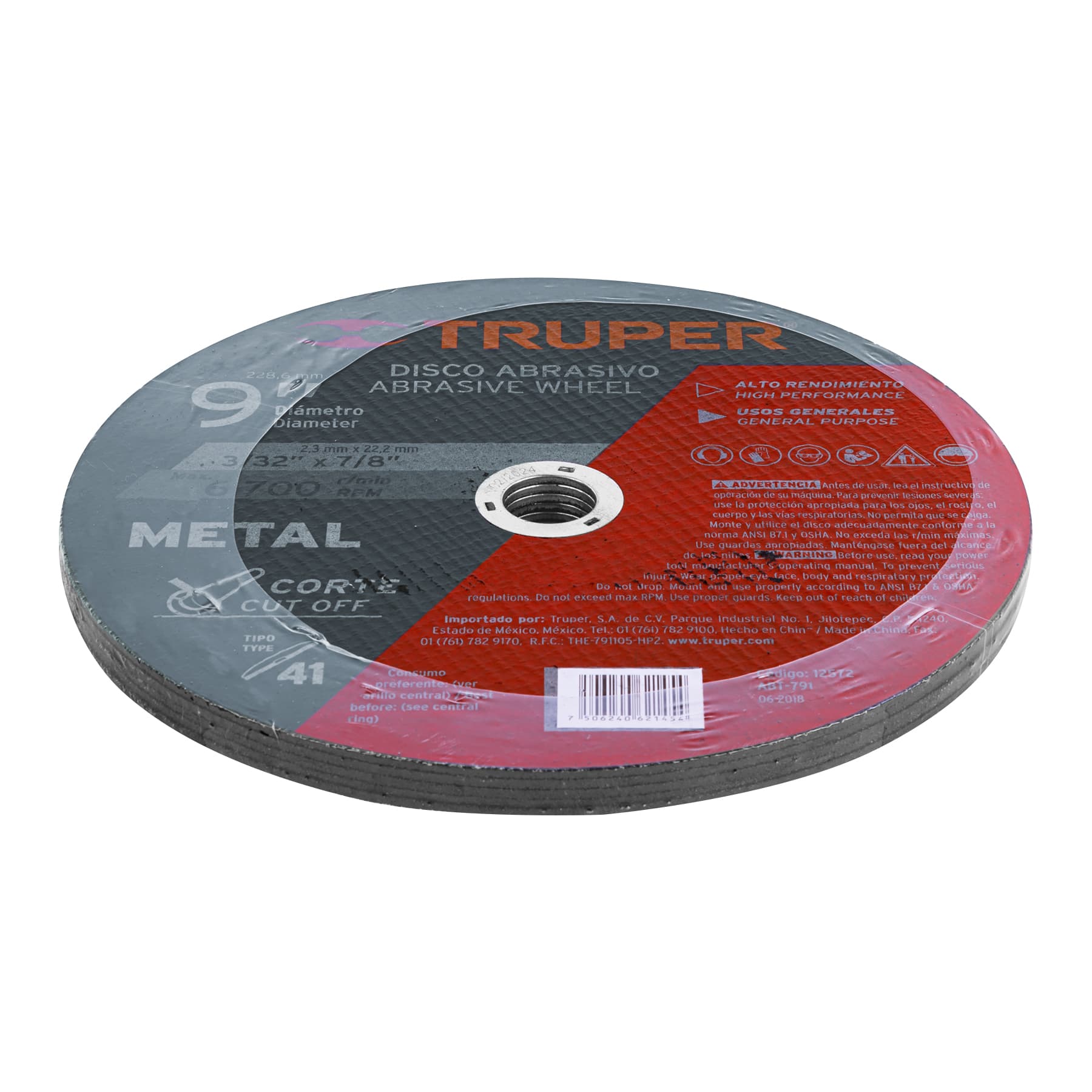 Disco p/corte de metal, tipo 41, diámetro 9", usos generales