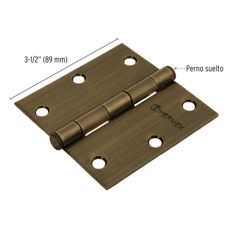 Bisagra cuadrada 3-1/2", acero latonado antiguo, plana