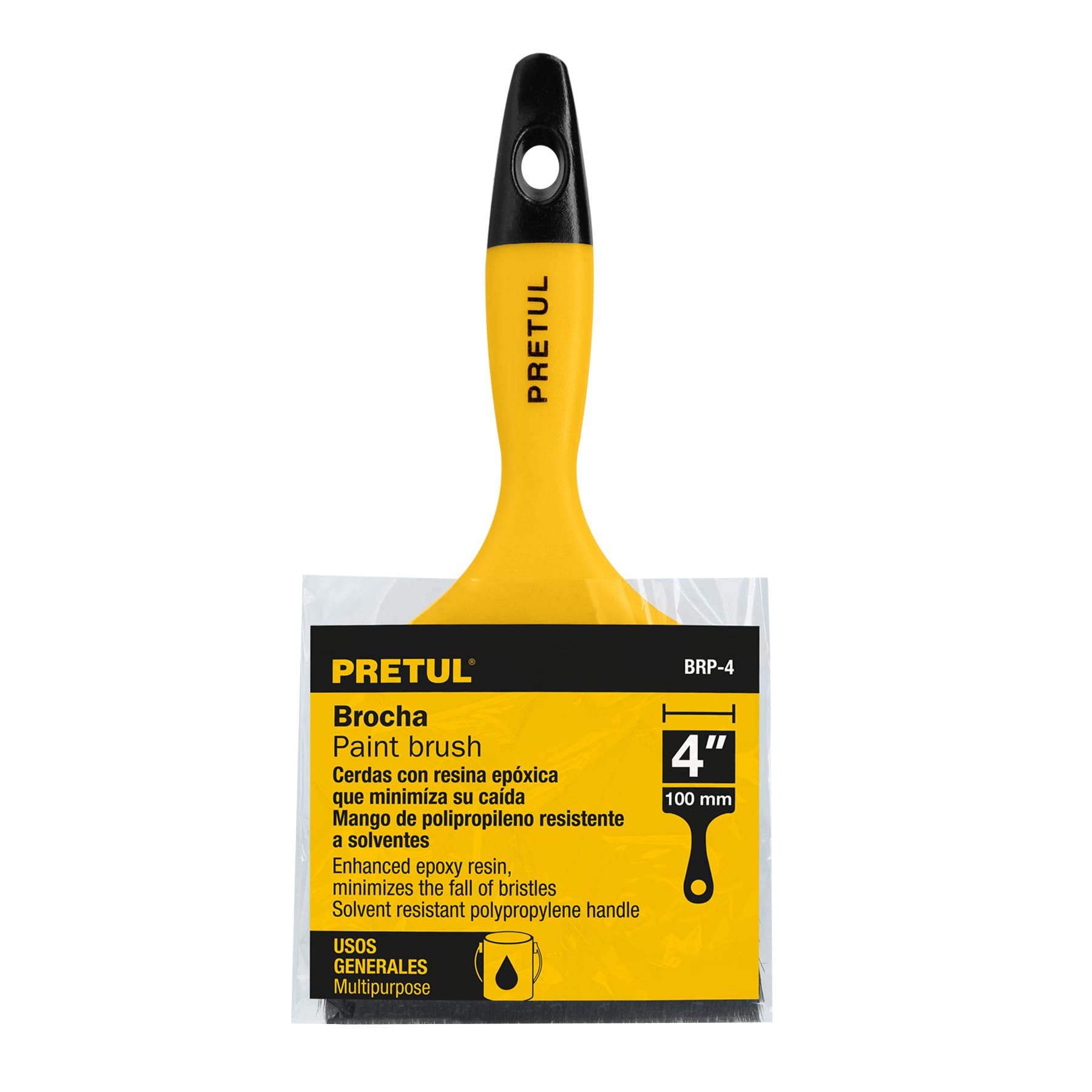 Brocha, mango de plástico, 4", Pretul
