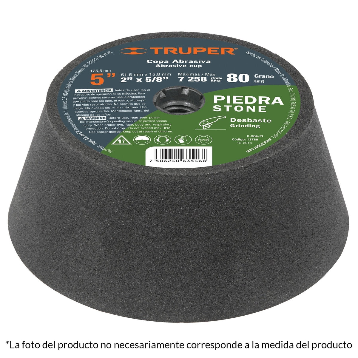 Copa desbaste, 5", 14 mm, grano 80 para piedra