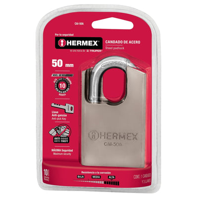 Candado de acero, máxima seguridad, 50mm, llave anti-ganzúa
