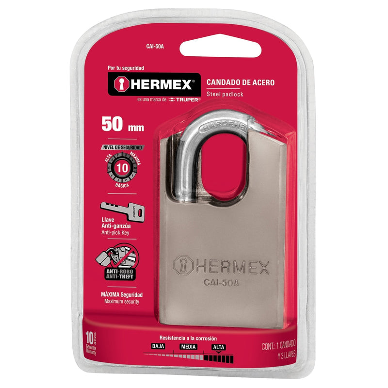 Candado de acero, máxima seguridad, 50mm, llave anti-ganzúa