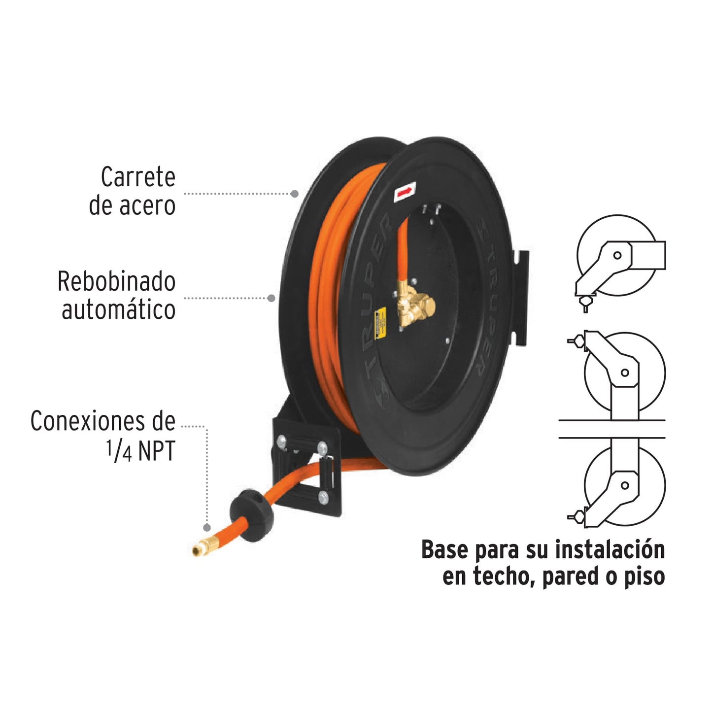 Carrete retráctil con manguera, 15 mts