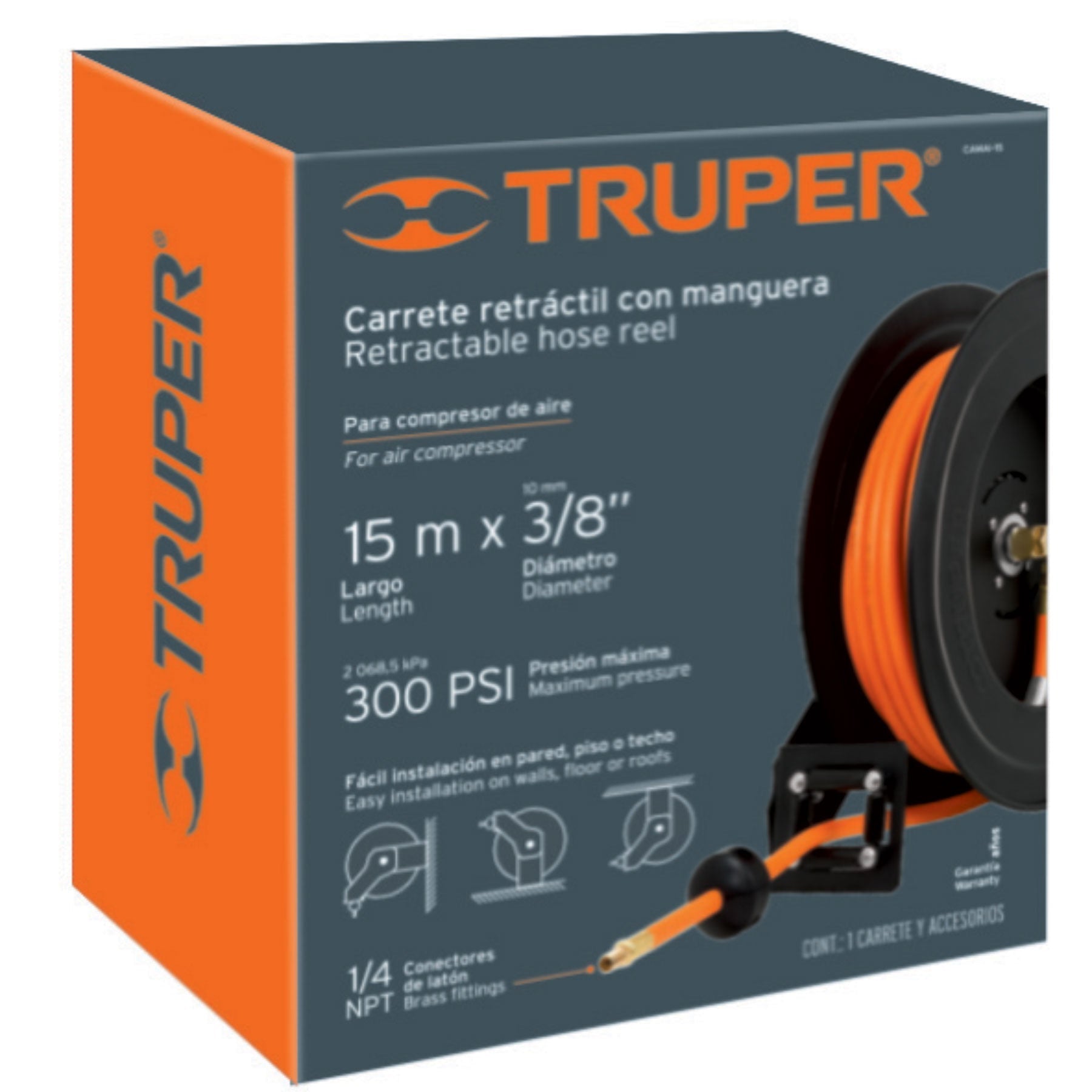 Carrete retráctil con manguera, 15 mts