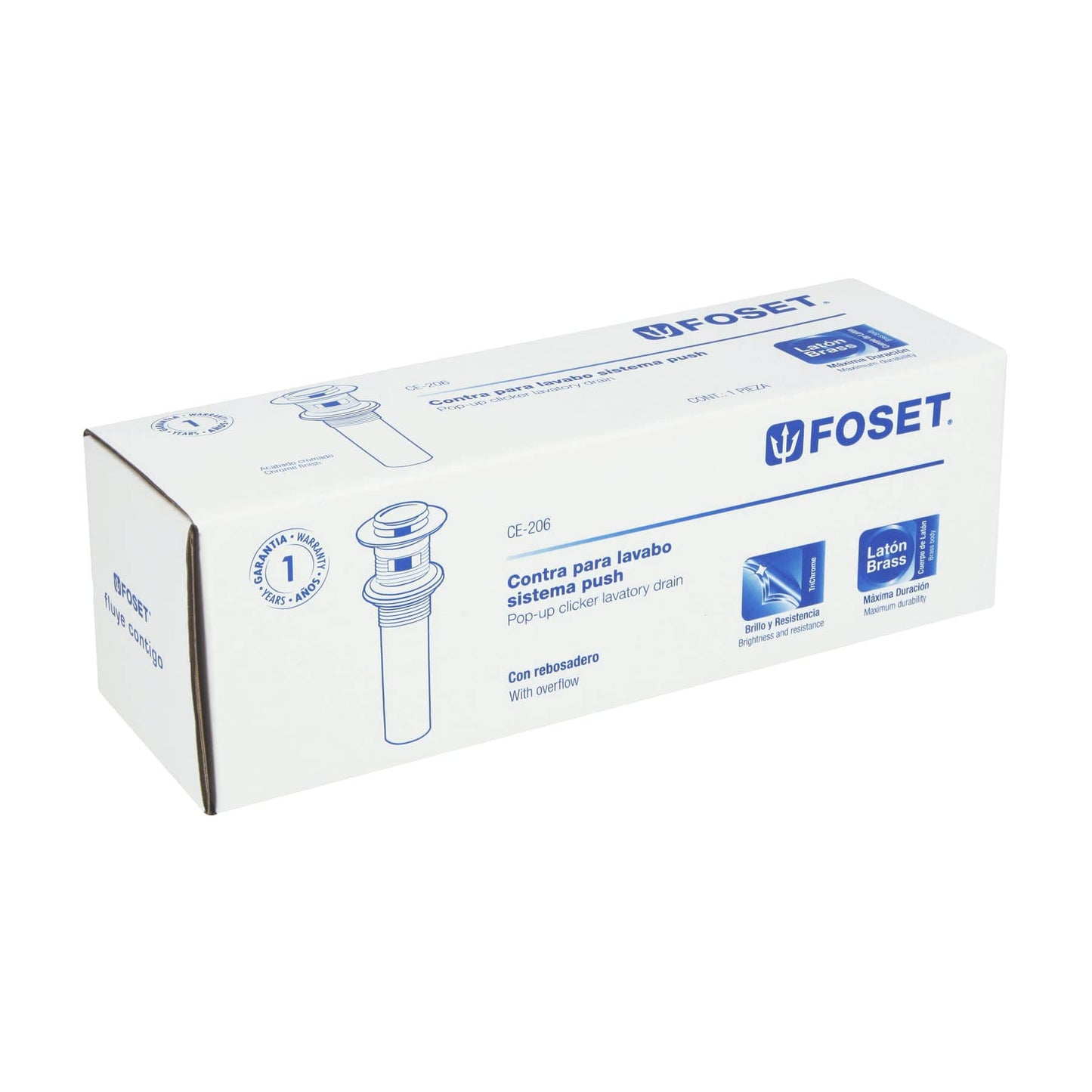 Contra p/lavabo con rebosadero, sistema push, cromo, 1-1/4"